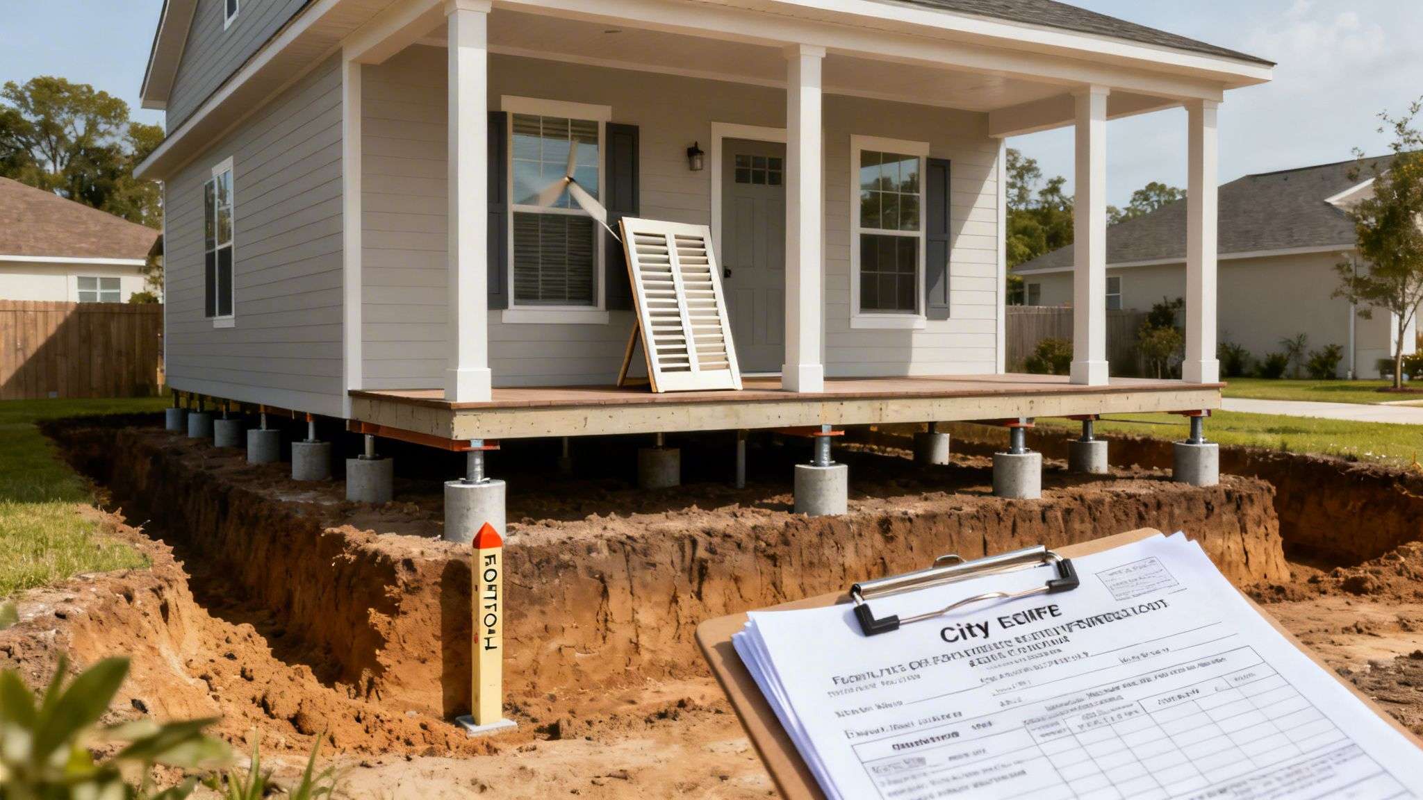 A house elevated on concrete pillars with a trench, a survey marker, and a clipboard on the ground.