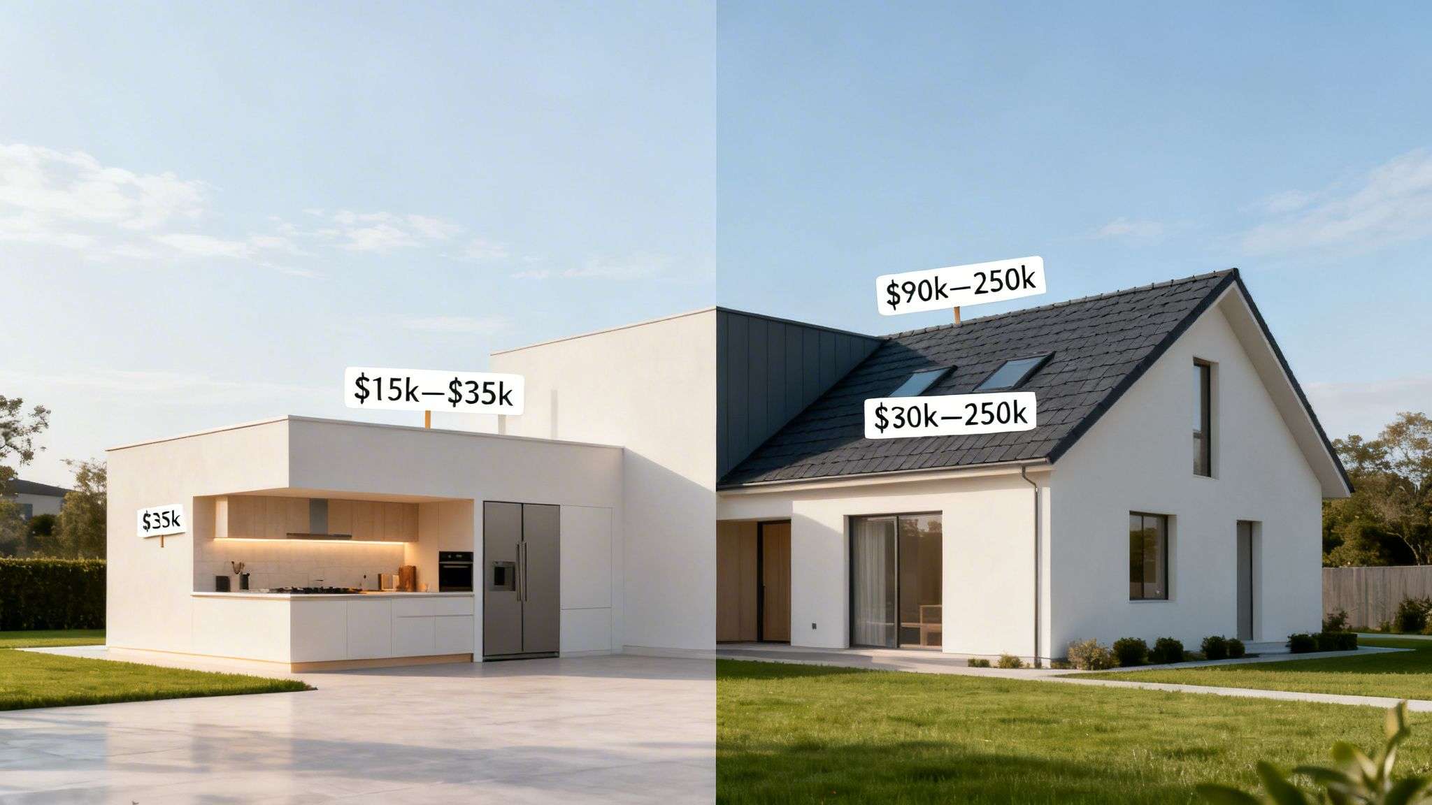 Modern houses showing kitchen addition and roof costs, with price tags indicating varying price ranges.
