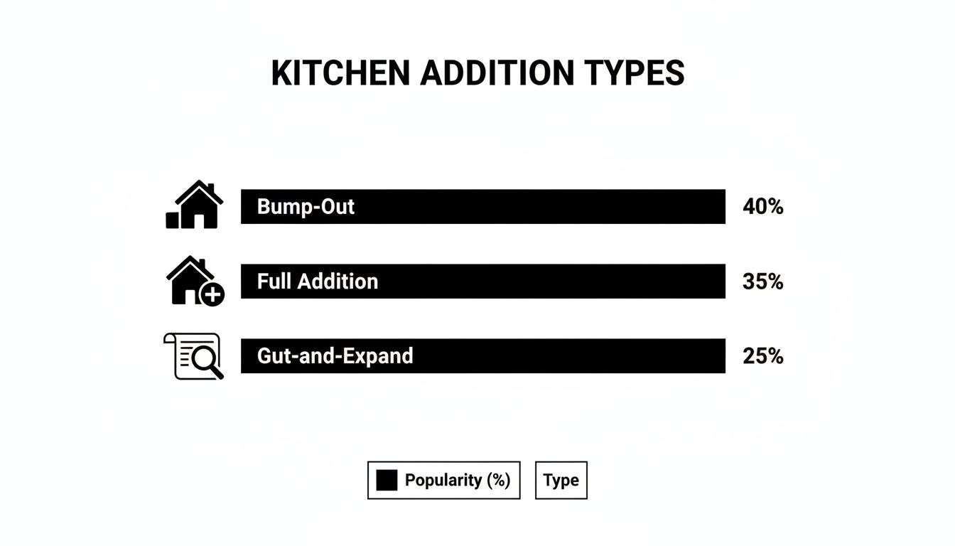 Bar chart detailing kitchen addition types and their popularity: Bump-Out (40%), Full Addition (35%), Gut-and-Expand (25%).