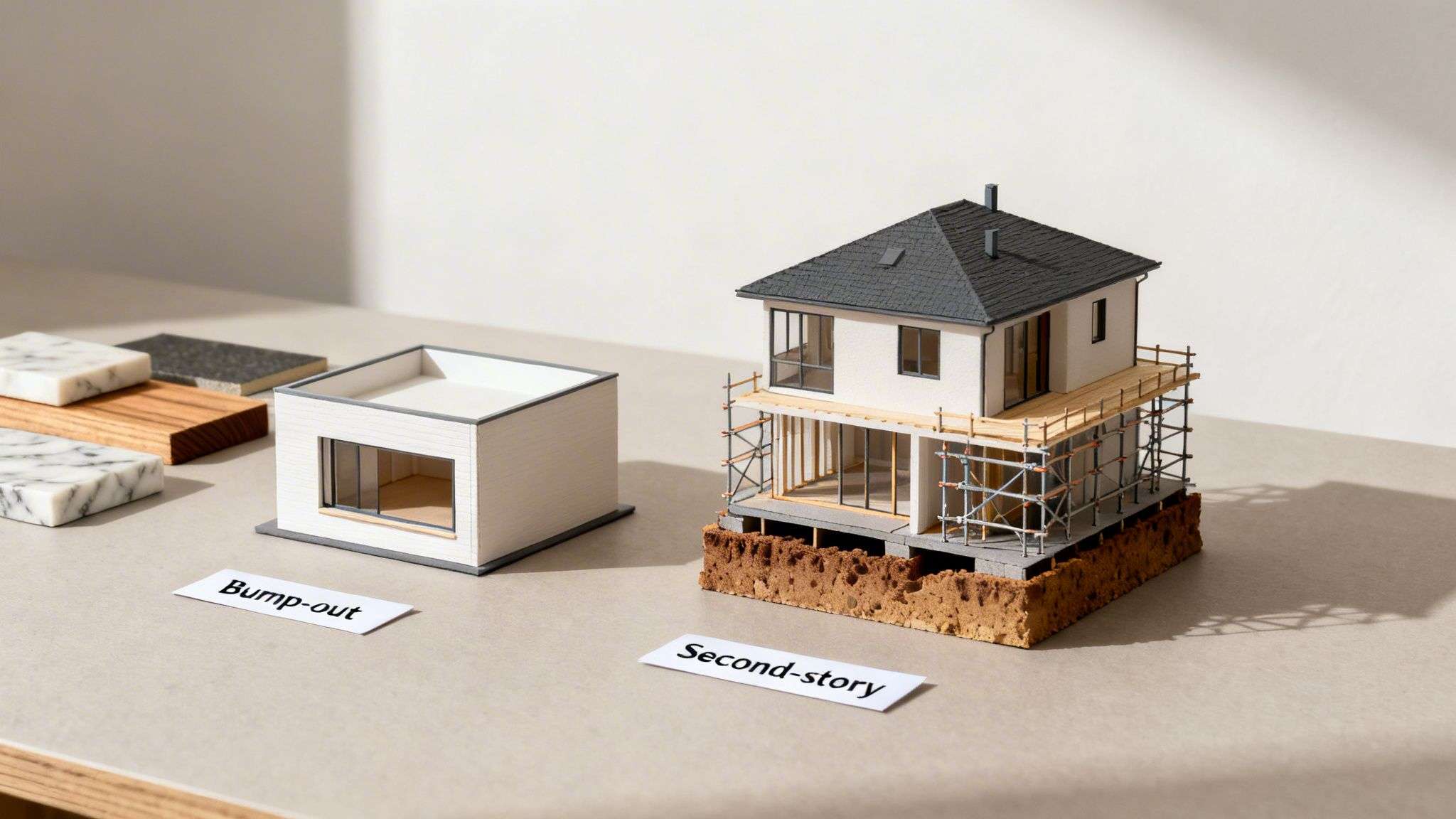 Architectural models illustrating a bump-out and a second-story home addition with material samples.