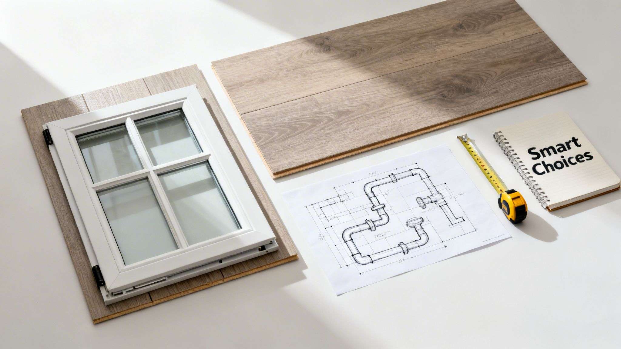 A flat lay of home renovation items: window, wood flooring, blueprint, tape measure, and 'Smart Choices' notebook.
