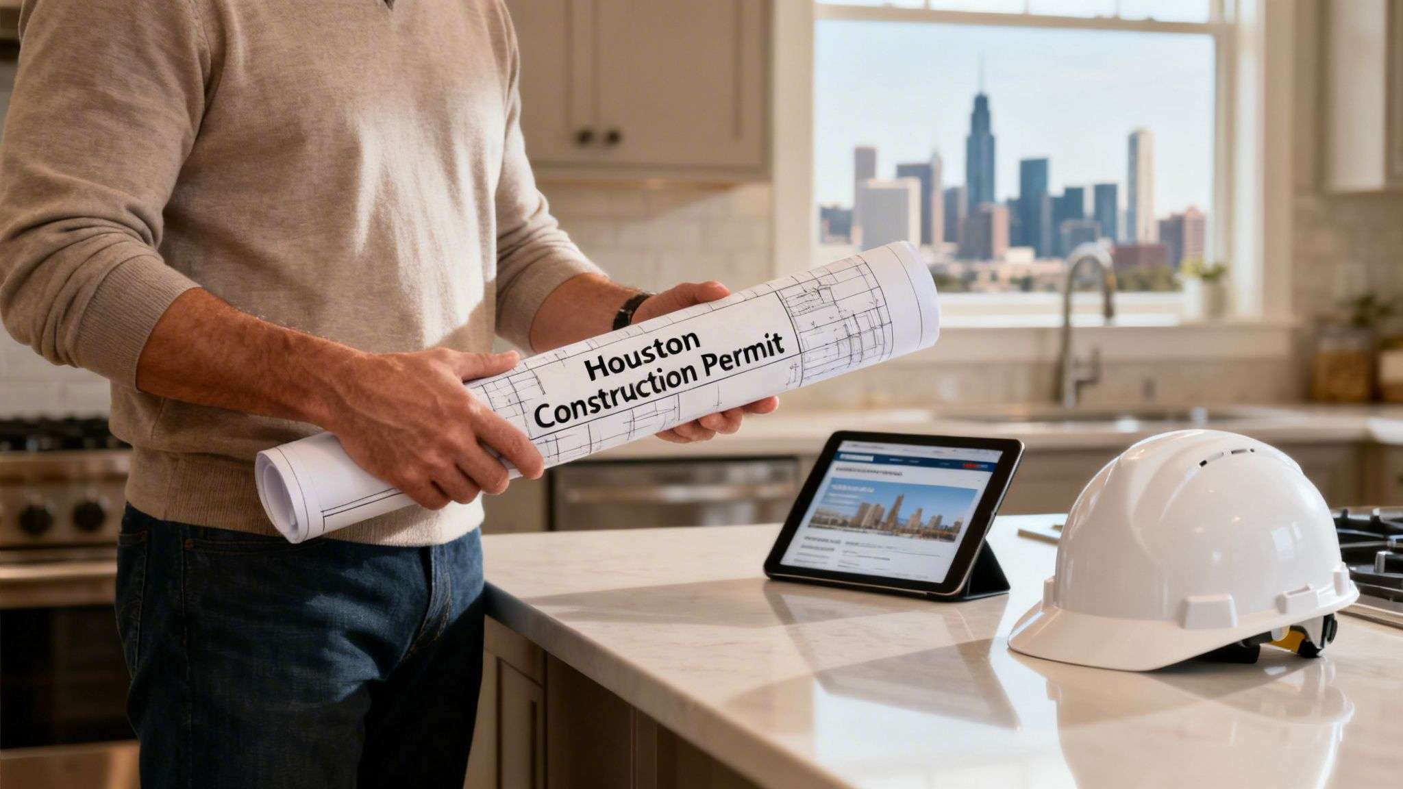 Man holding Houston construction permit blueprints in a modern setting with a city view and hard hat.