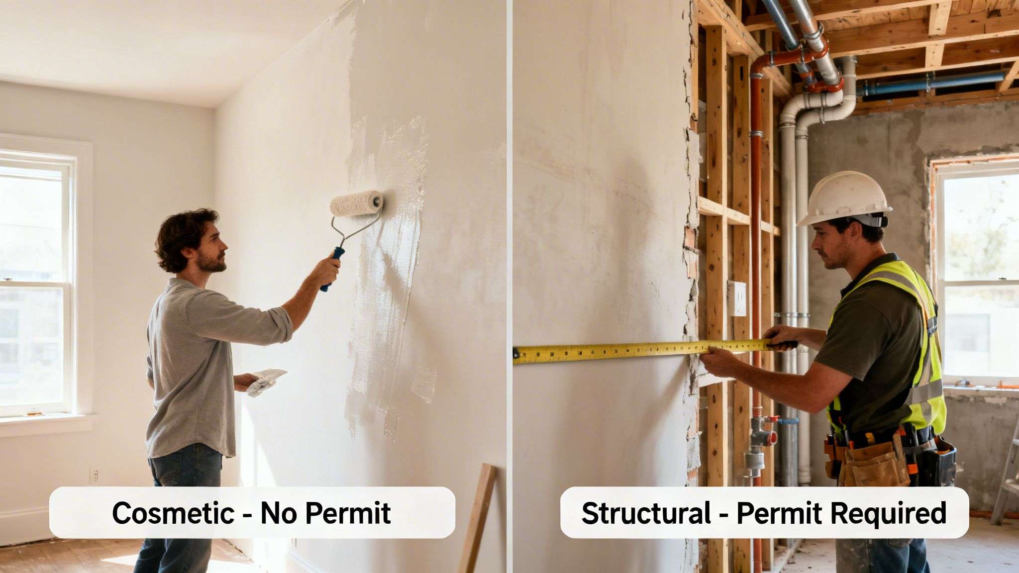 Two scenes show construction work: one man painting (cosmetic, no permit), another measuring exposed studs (structural, permit required).