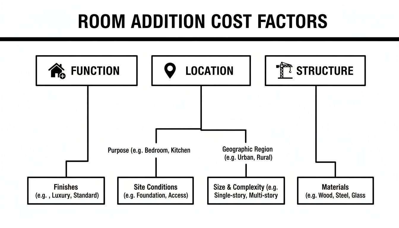 Flowchart illustrating room addition cost factors, covering function, location, and structural considerations.