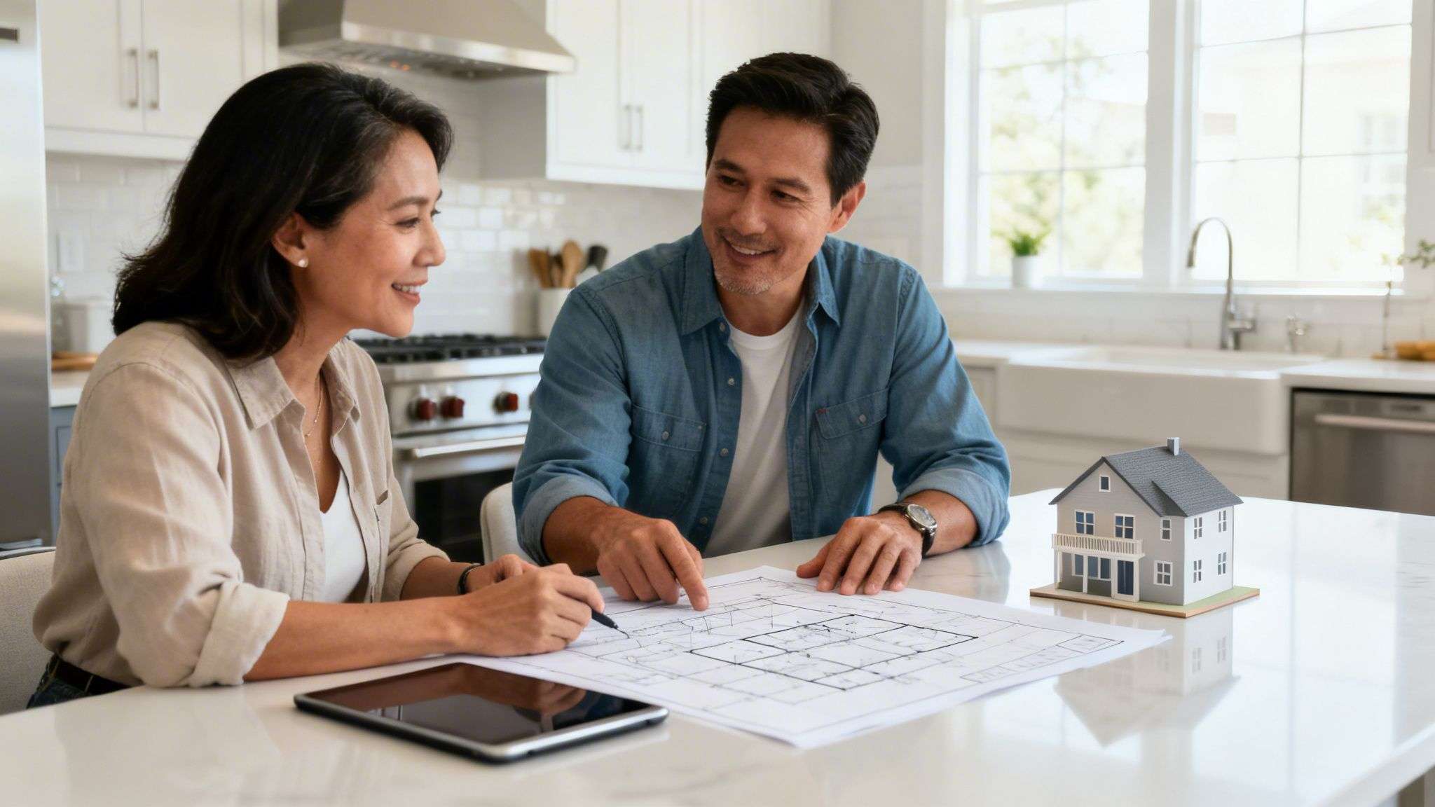 A smiling Asian couple reviews house blueprints and a model home on a modern kitchen island.
