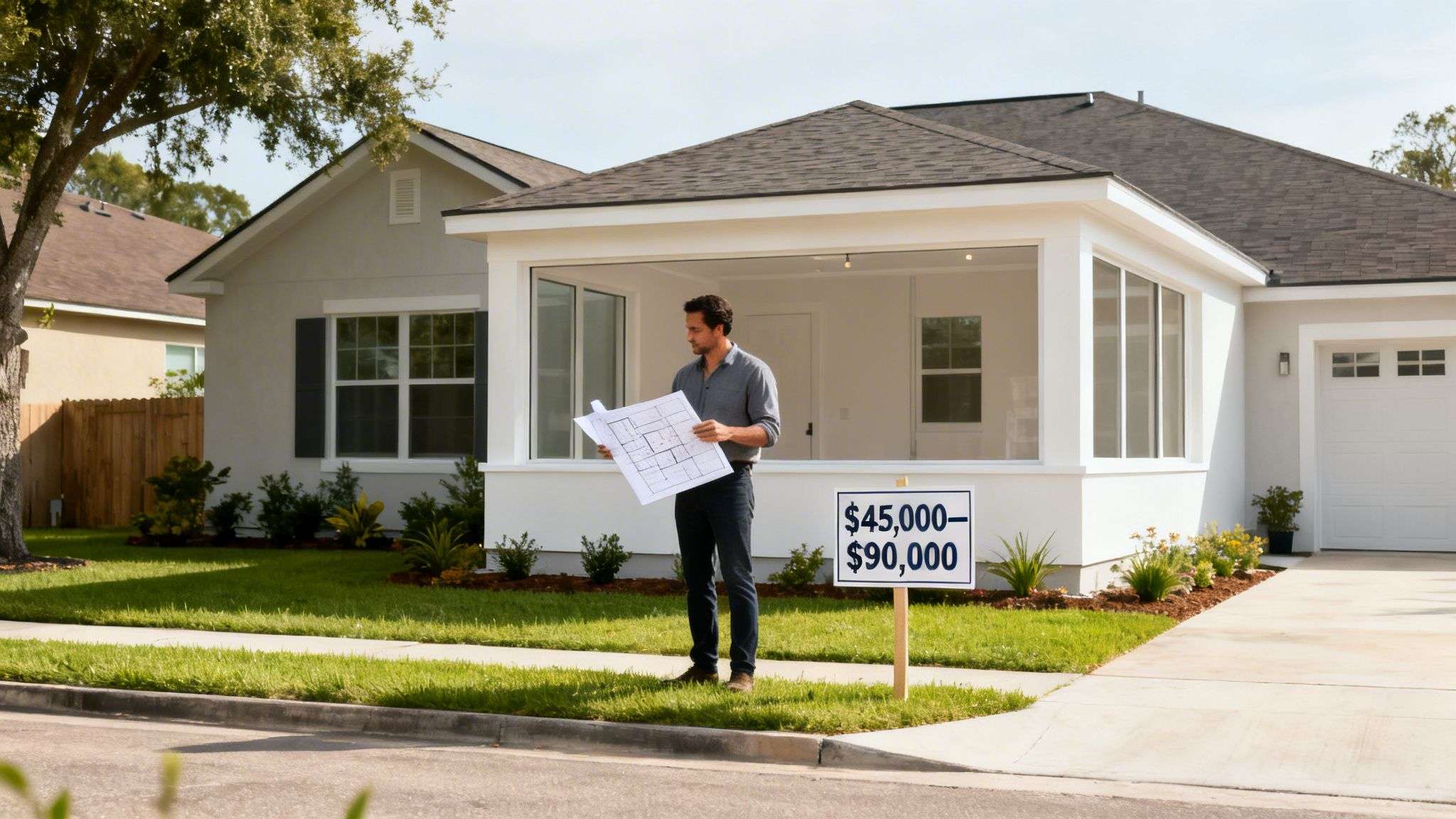 A man holds blueprints in front of a modern house with a sign showing a price range.