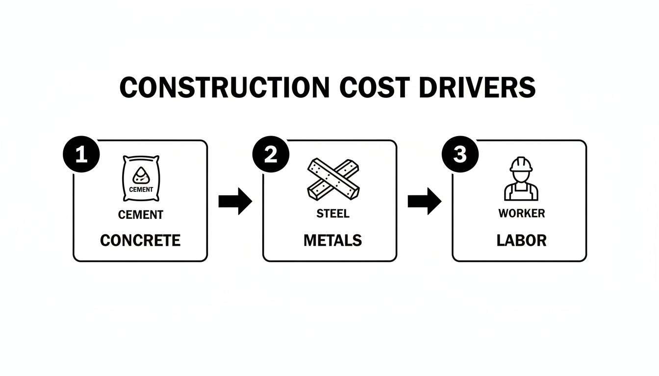 Infographic illustrating construction cost drivers: concrete, metals, and labor in three steps.