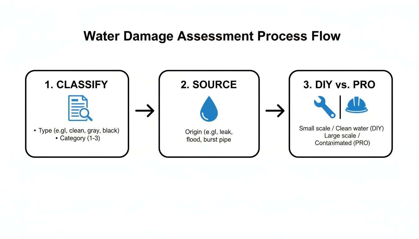 Flowchart outlining the three-step water damage assessment process: classify water type, identify the source, and determine if DIY or professional help is needed.