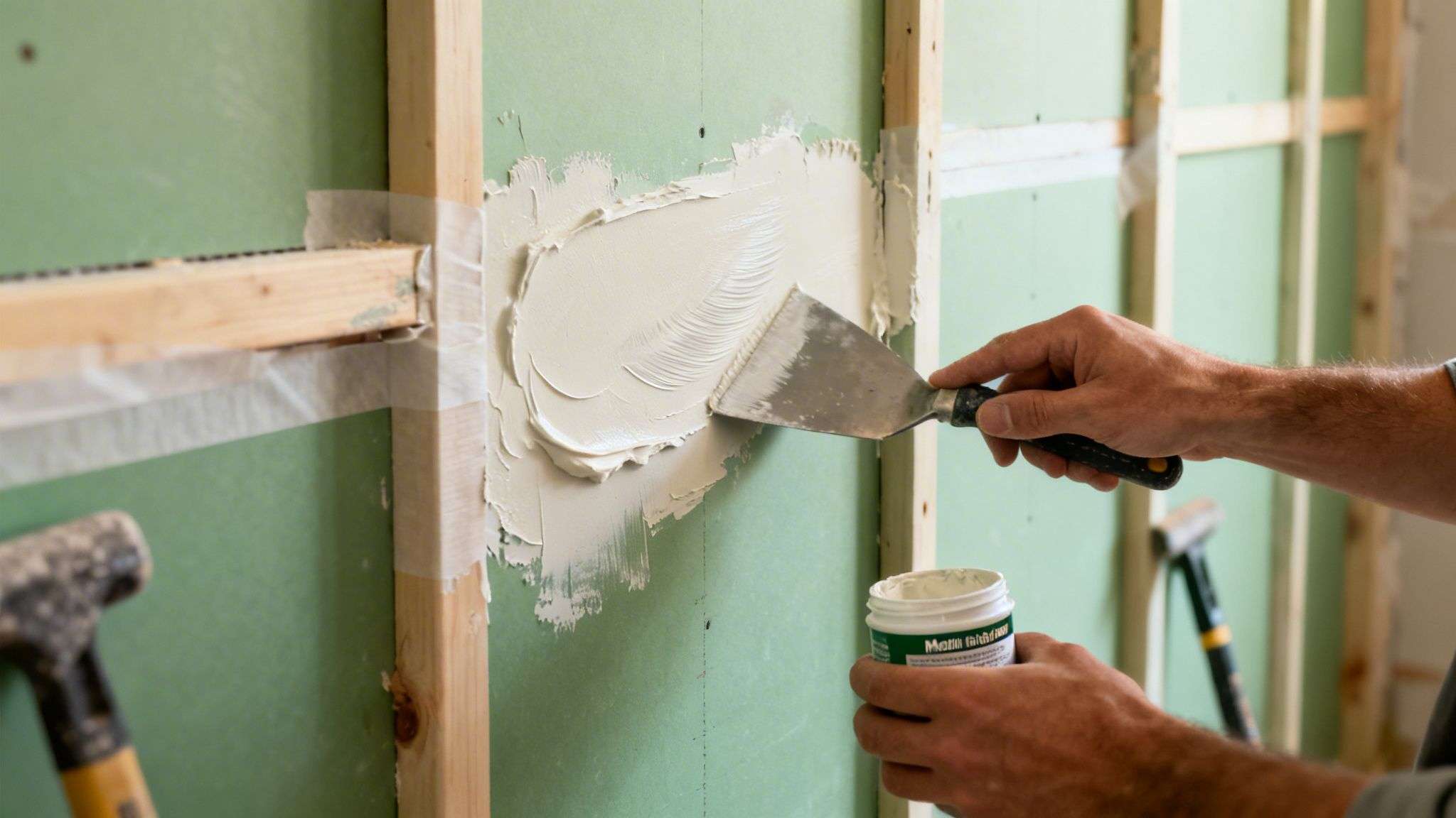 A person's hands applying joint compound to green drywall with a trowel during wall repair.
