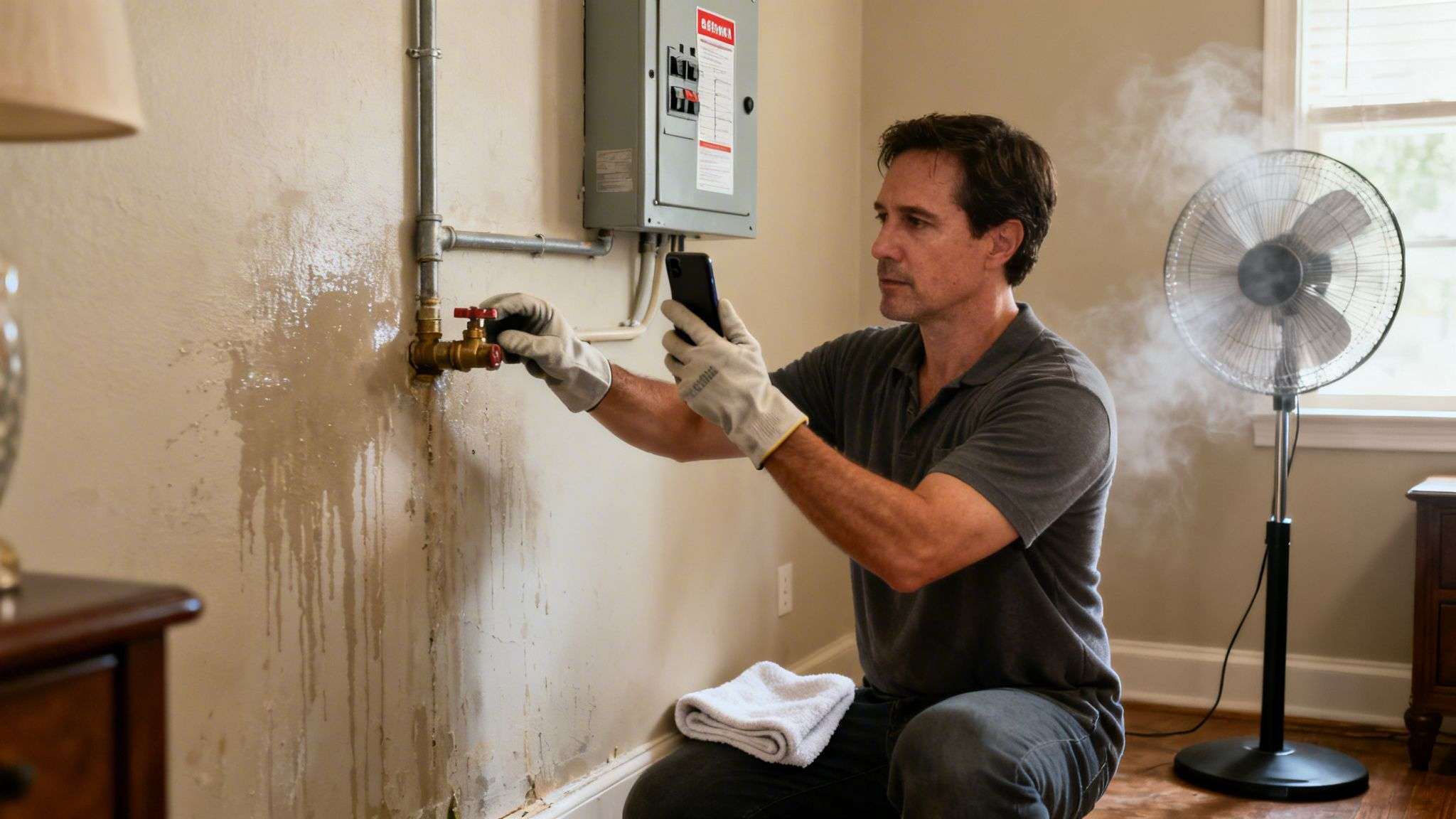Man wearing gloves documents a water leak on a damaged wall with his smartphone.