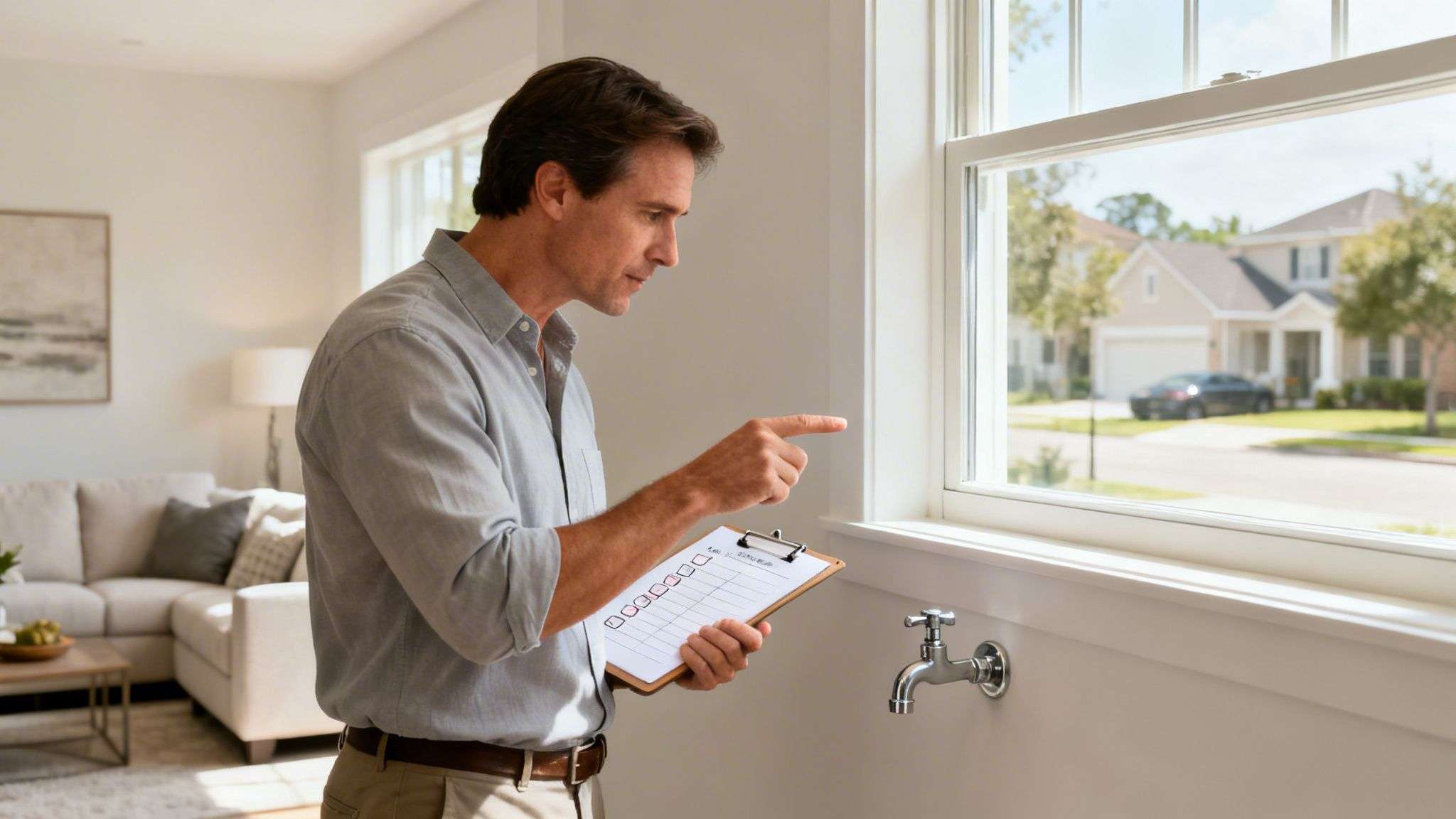 A man in a blue shirt inspecting a window and a wall-mounted faucet, holding a checklist in a home.