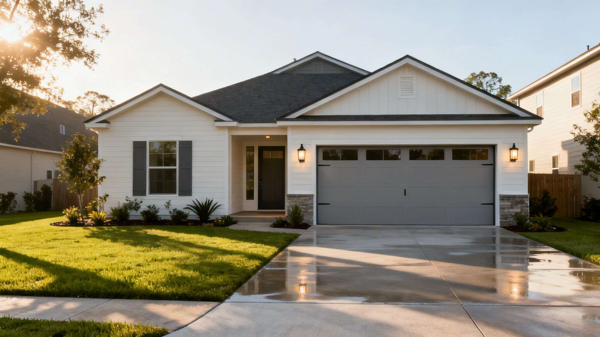 A modern white house with a gray garage door, green lawn, and wet driveway under golden hour sunlight.