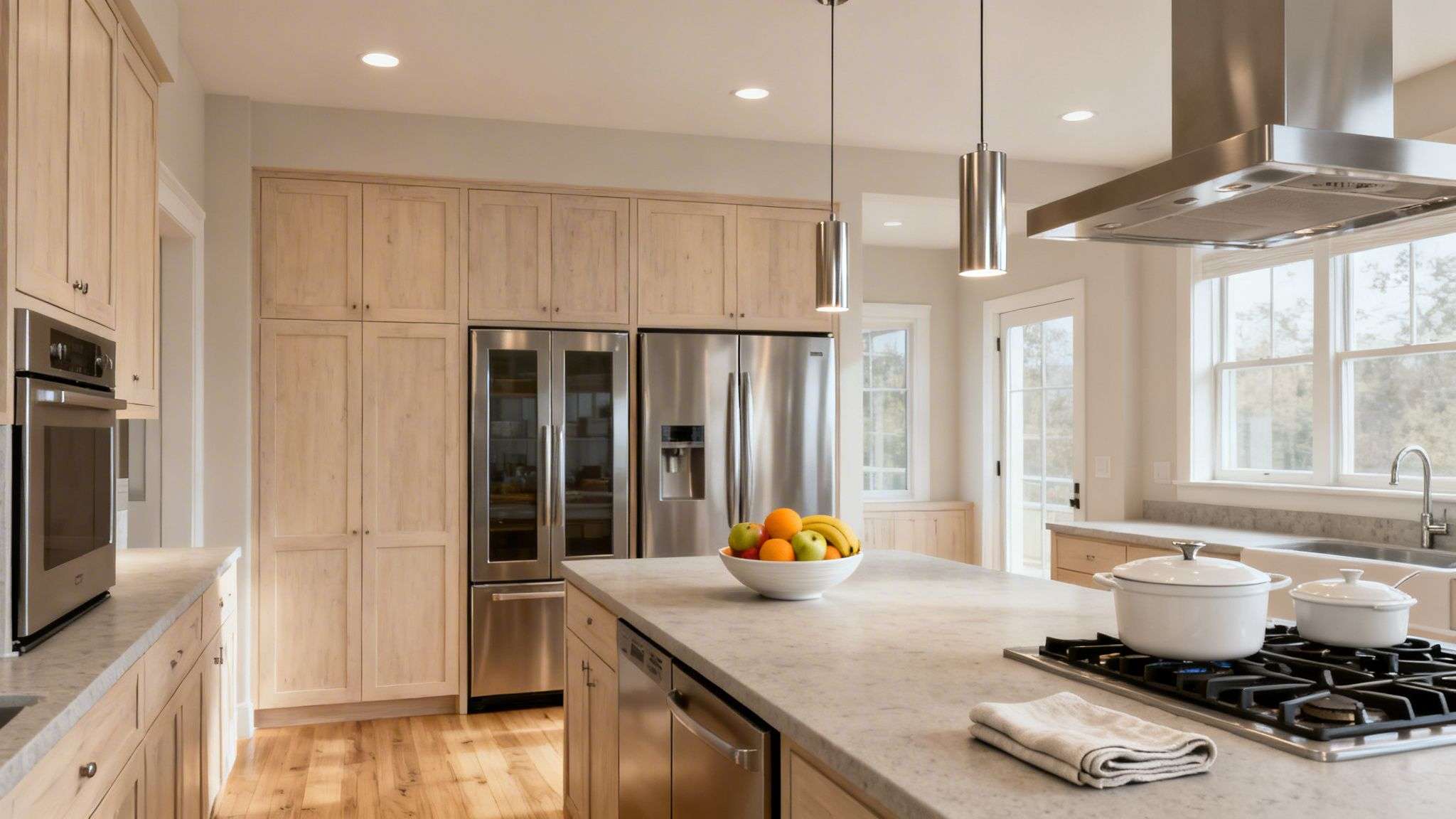 A bright modern kitchen featuring light wood cabinets, stainless steel appliances, and a large island.