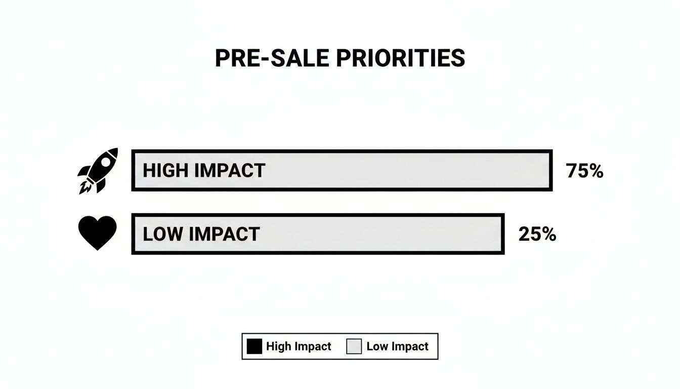 A bar chart titled 'Pre-Sale Priorities' with a rocket for high impact (75%) and a heart for low impact (25%).