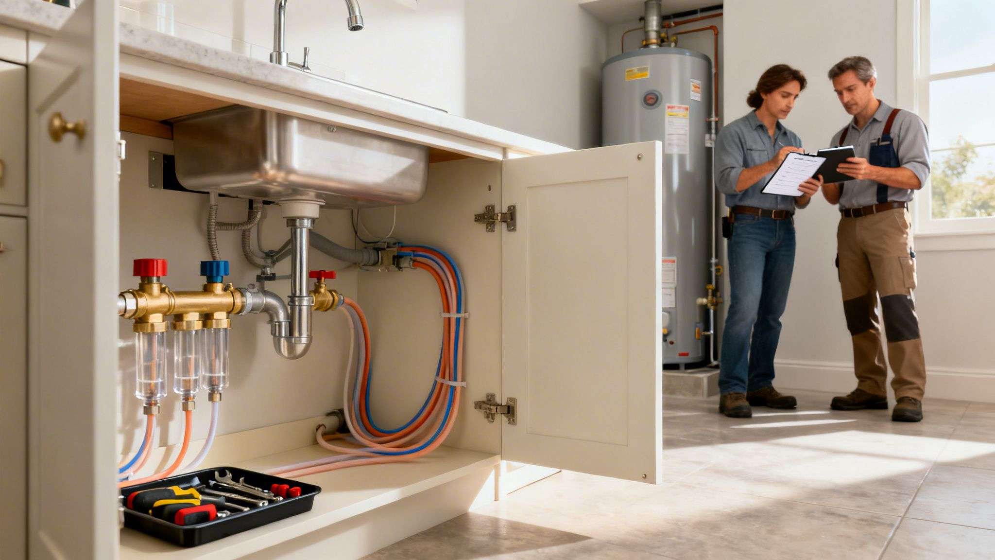 Two plumbers inspect under-sink plumbing and water heater during a home service visit.