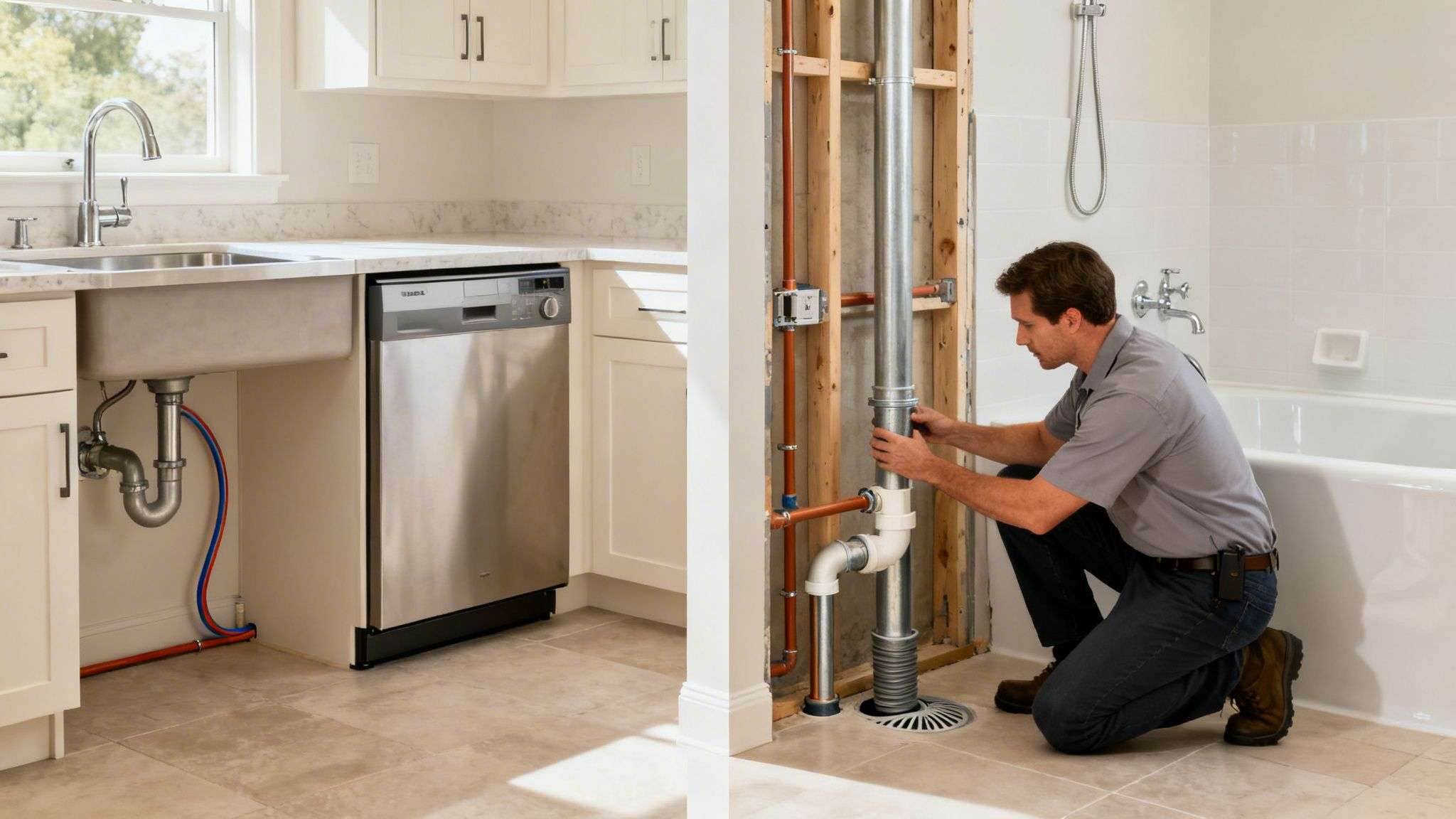A plumber works on new pipe installations in a bathroom, with a kitchen sink and dishwasher nearby.