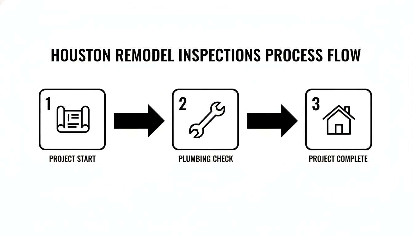 A process flow diagram for Houston remodel inspections showing project start, plumbing check, and completion.