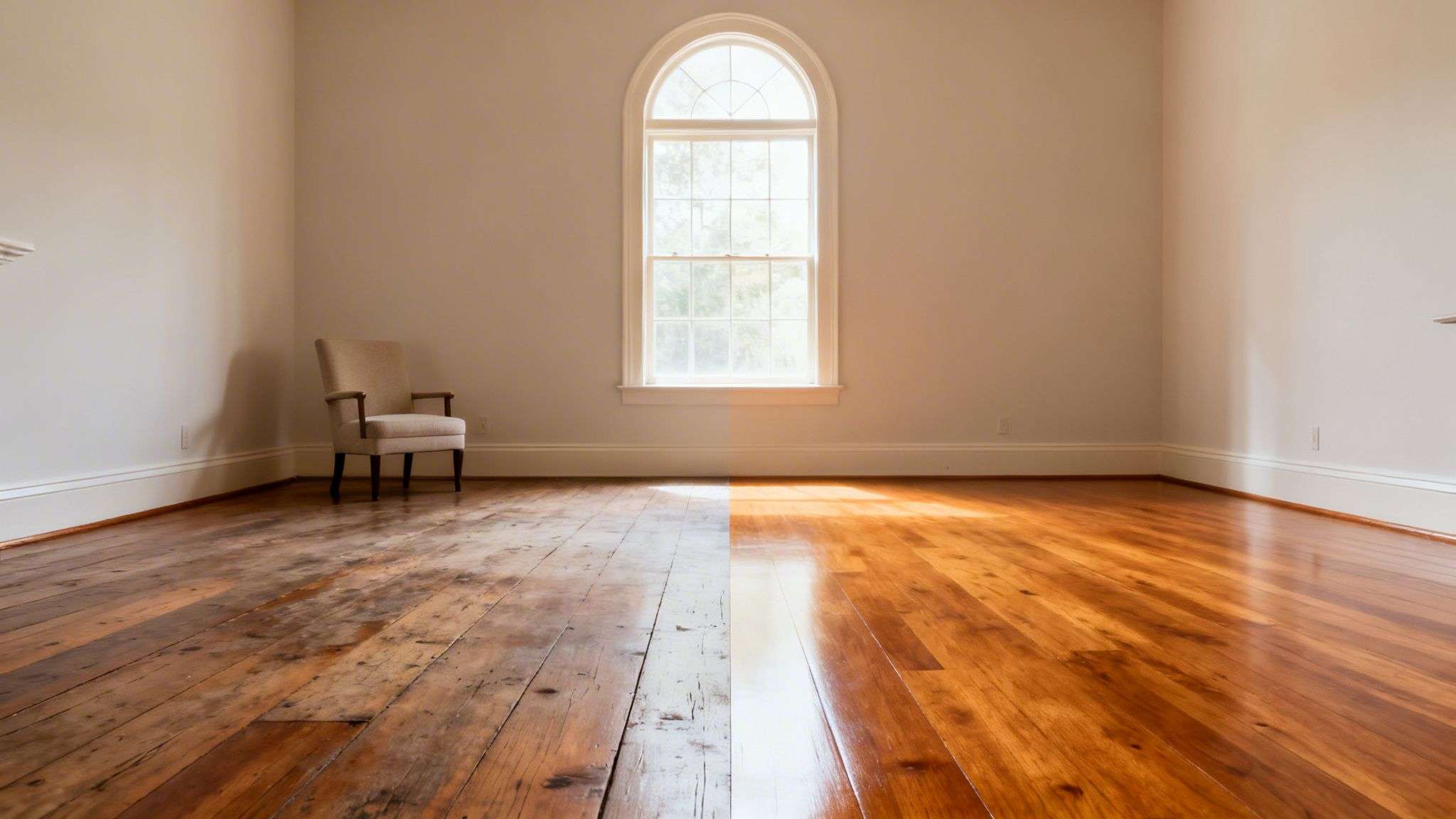 Before and after comparison of old and newly refinished hardwood floors in a bright room.