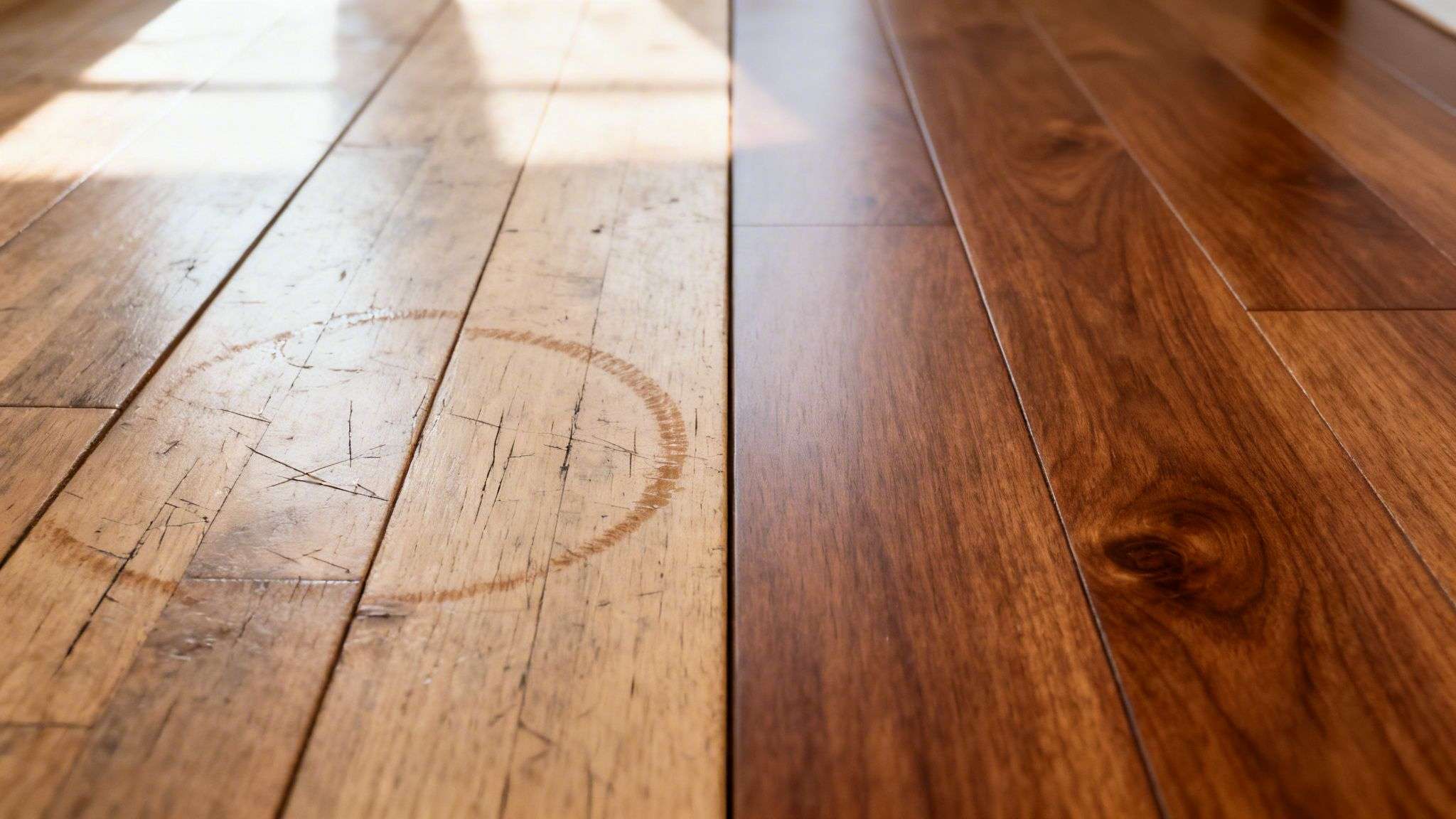 Close-up comparison of old, scratched hardwood floor with water stain and new, gleaming refinished floor.