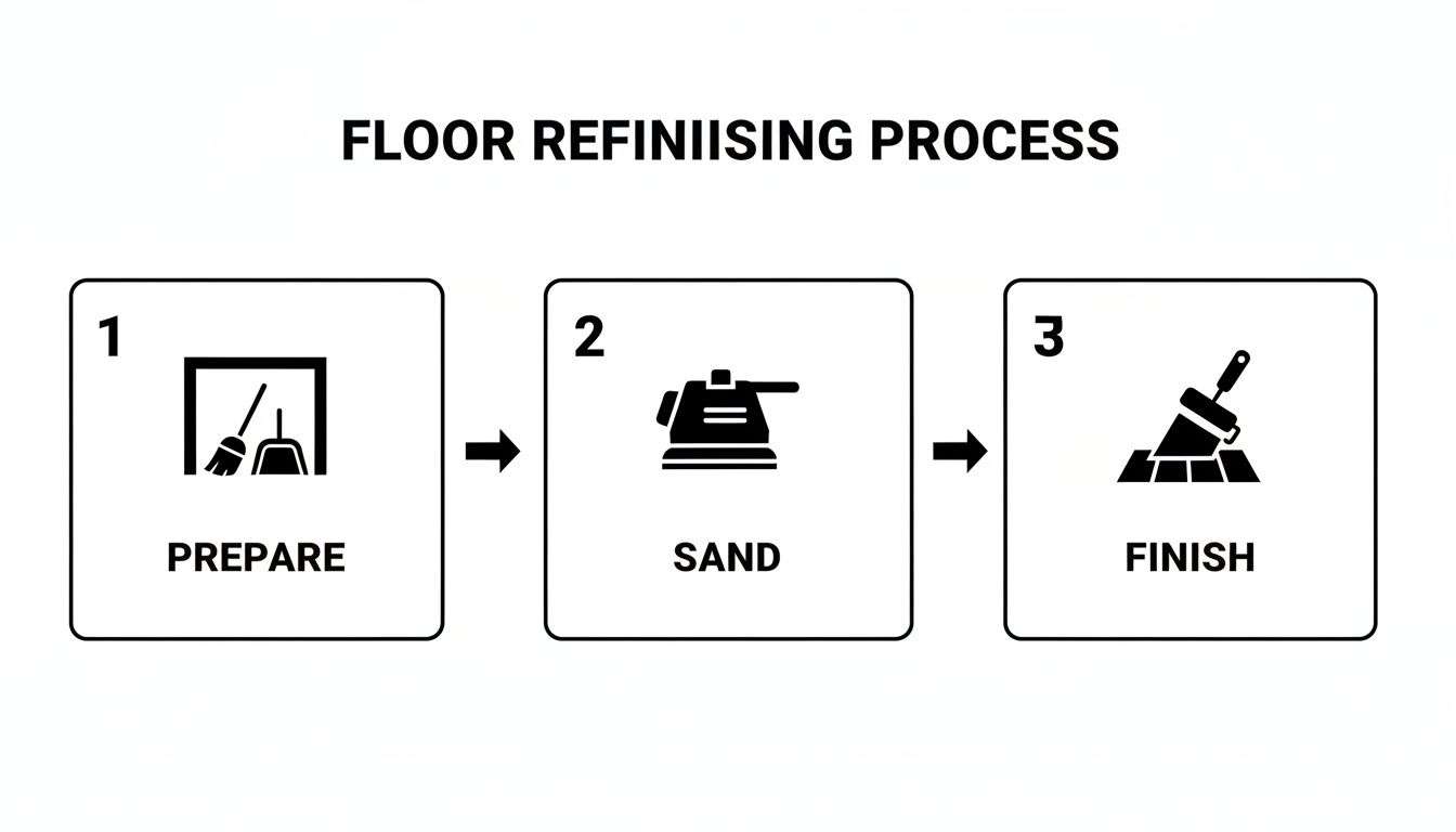 A three-step diagram illustrating the floor refinishing process: prepare, sand, and finish with icons.