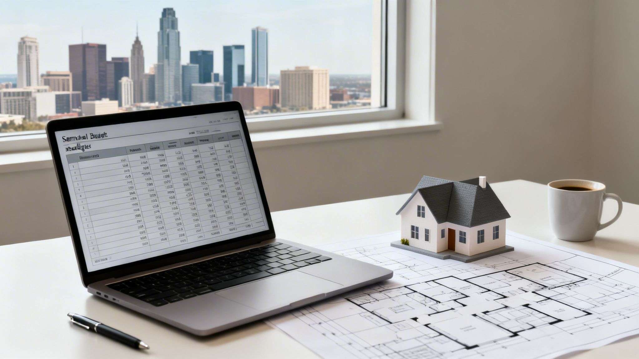 A desk with a laptop displaying a budget spreadsheet, a house model, blueprints, and coffee, overlooking a city skyline.