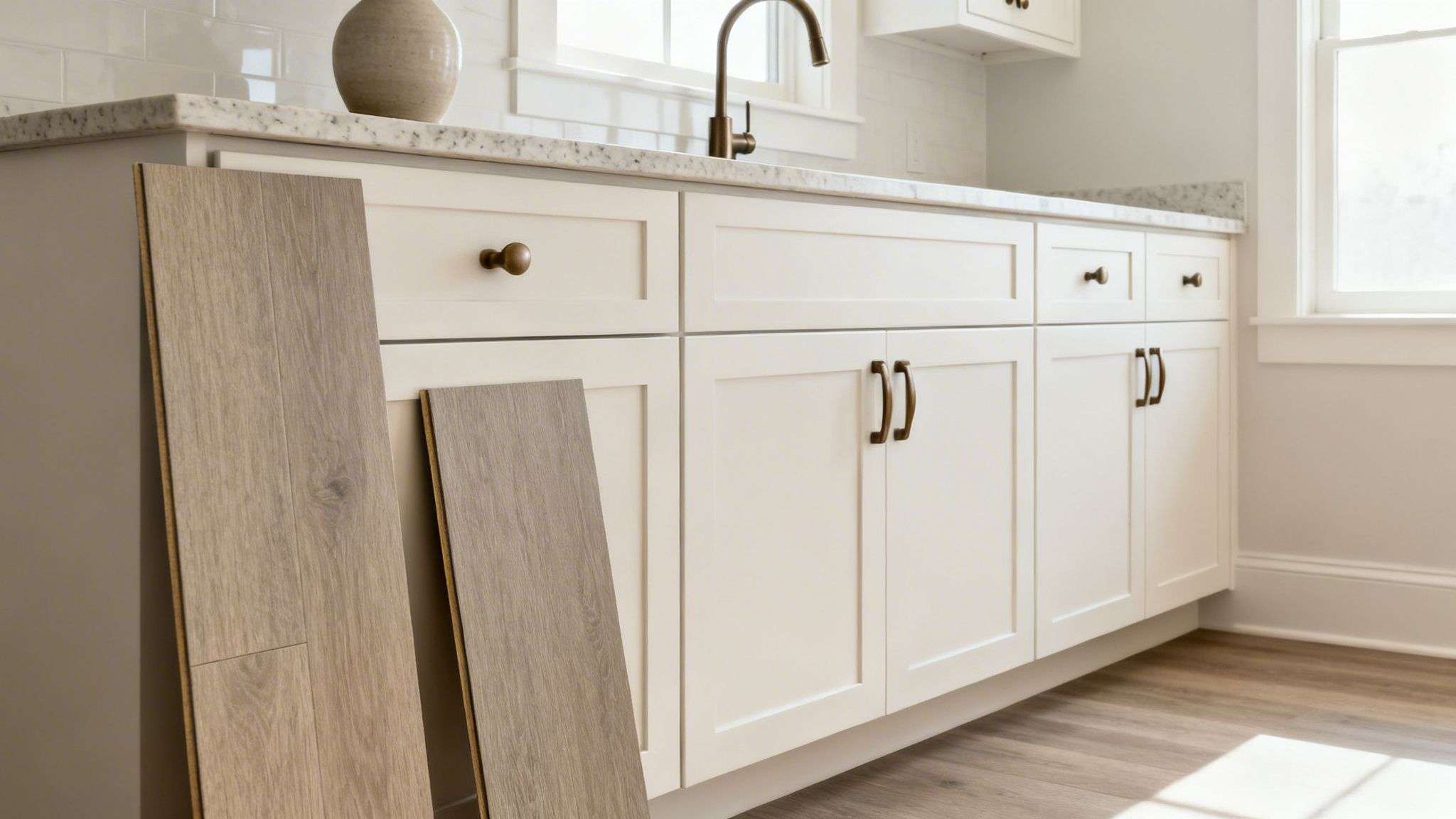 Light wood flooring samples leaning against new white kitchen cabinets with a granite countertop, sink, and faucet.