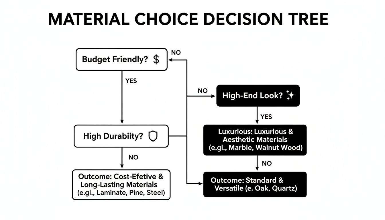 A material choice decision tree flowchart guides users through options based on budget, durability, and desired look.