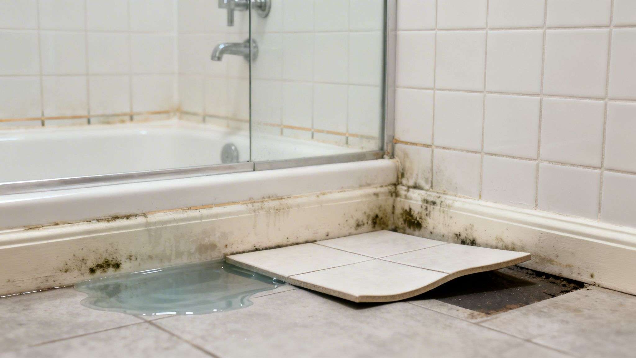 Severe water damage and mold growth in a bathroom, with lifted floor tiles and a puddle.