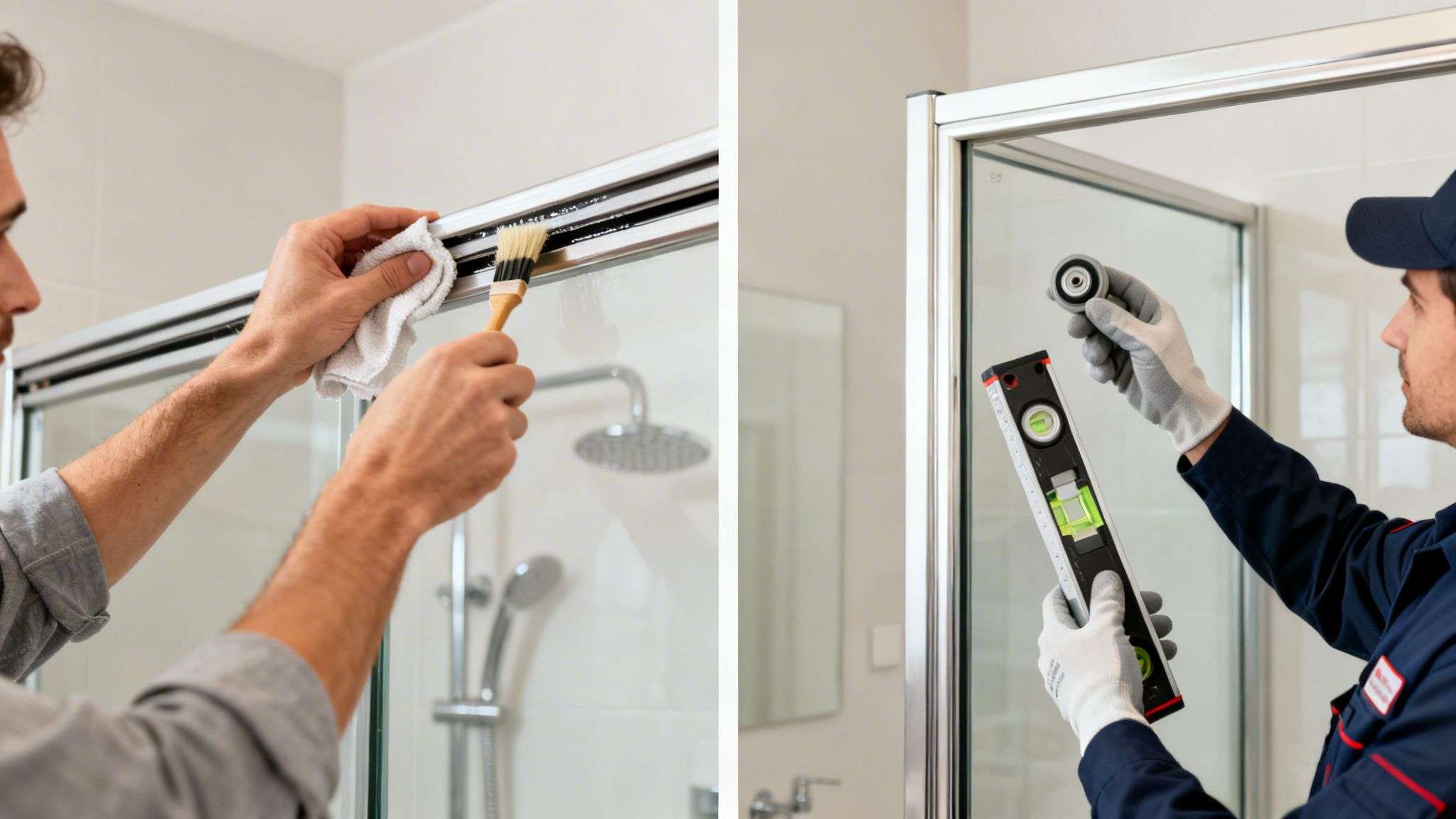 A split image showing hands cleaning a shower door track and a technician preparing for repair.