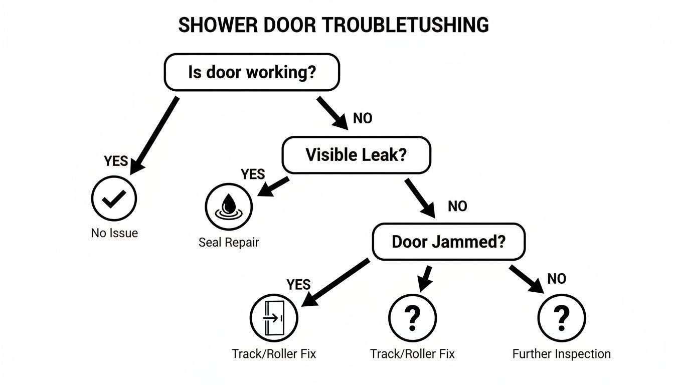 Flowchart diagram guiding through shower door troubleshooting steps for common issues like leaks or jamming.