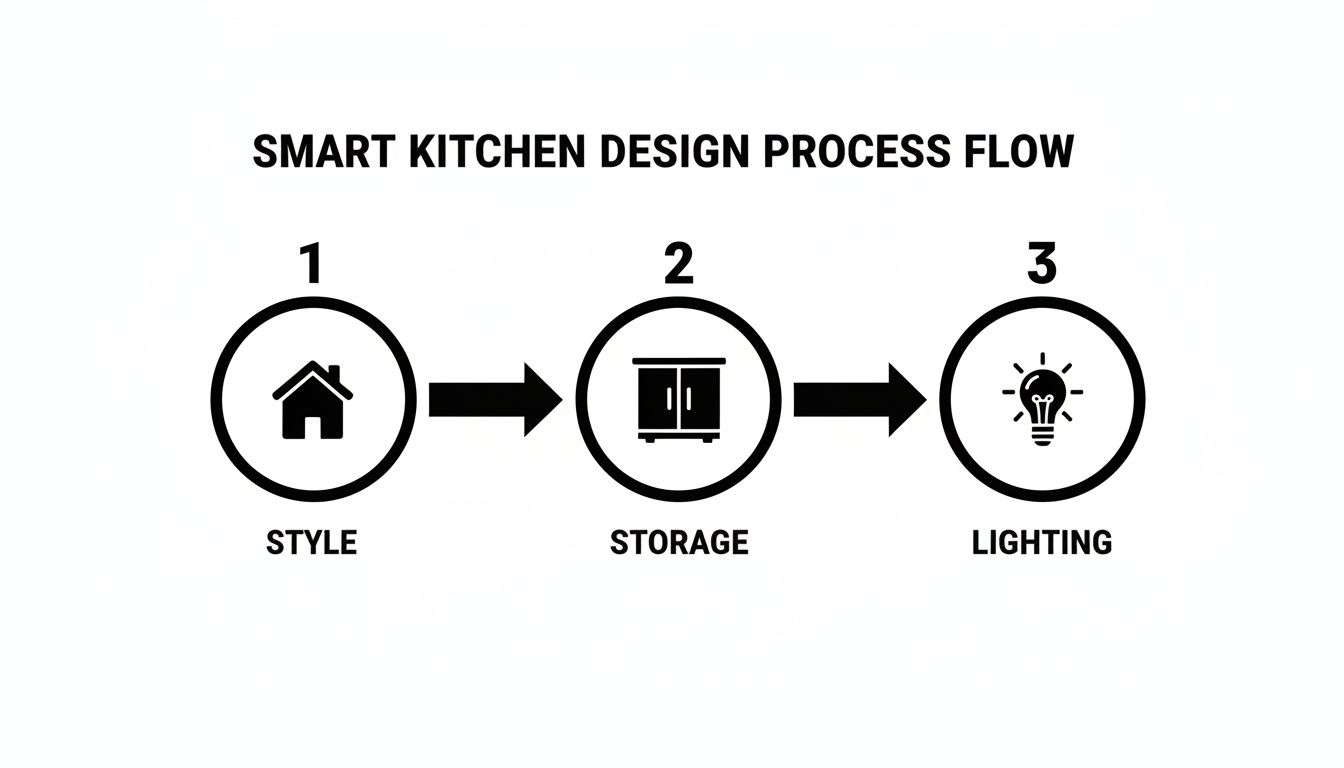 A smart kitchen design process flow chart outlining three steps: Style, Storage, and Lighting.