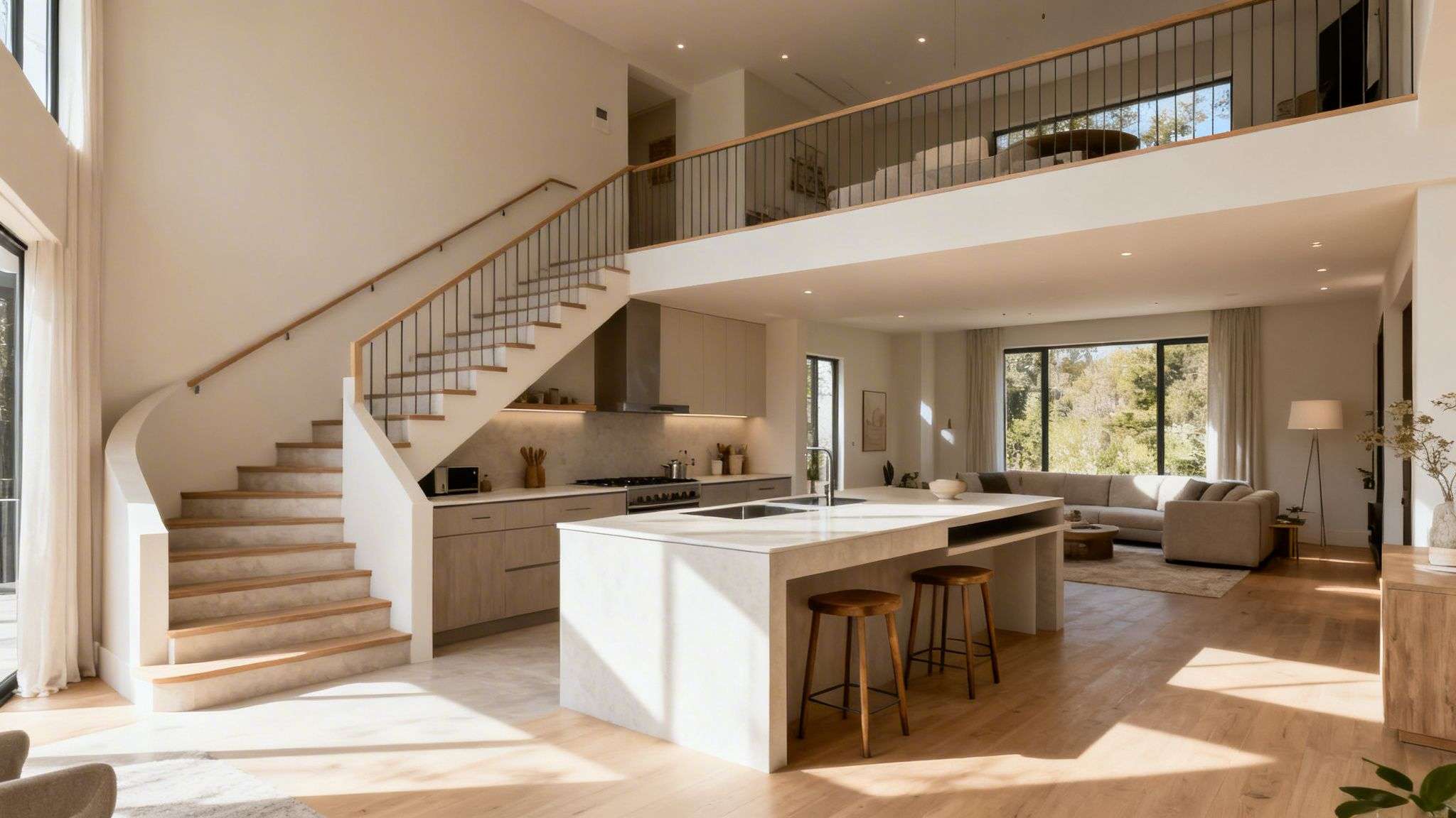 Bright, open-concept home with a modern kitchen island, living room, and split-level staircase.