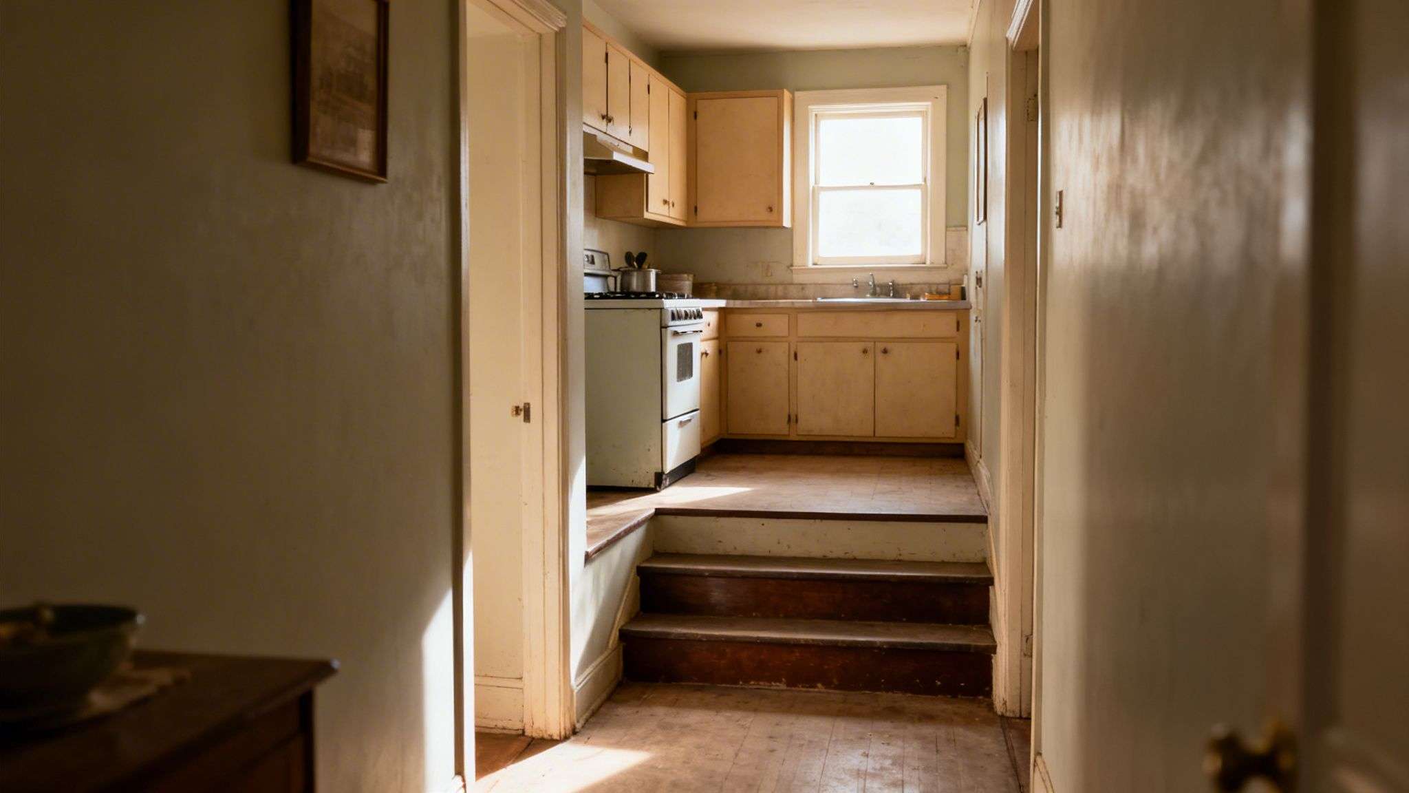 A sunlit, vintage split-level kitchen with a white stove, light wood cabinets, and steps.