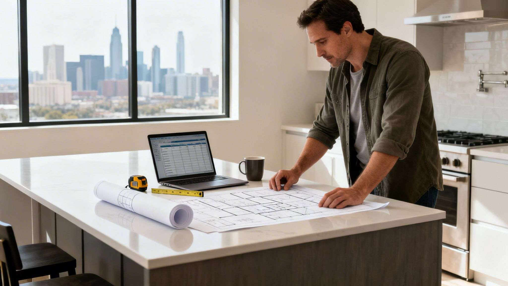 A man studies architectural blueprints and a laptop on a modern kitchen island with a city skyline view.