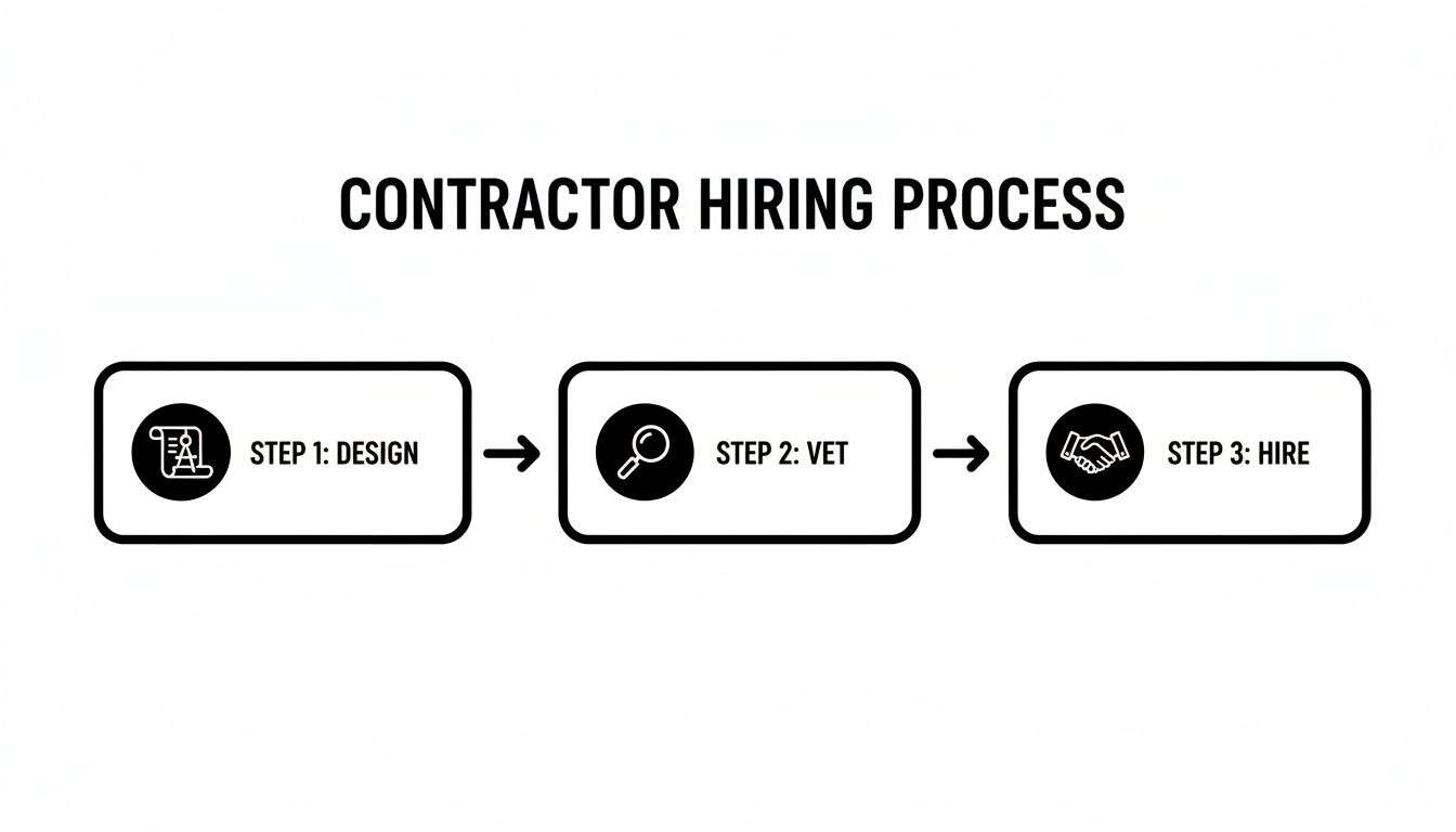 A flowchart outlining the contractor hiring process, including steps for design, vetting, and hiring contractors.