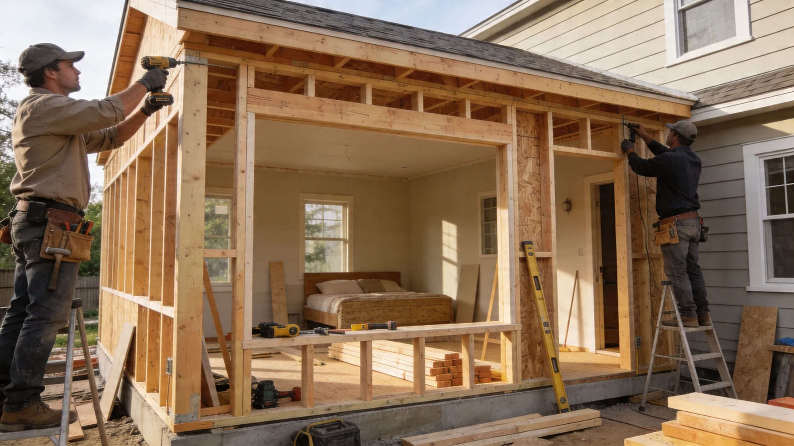 Two construction workers building a wooden frame for a bedroom bump out addition on a house.