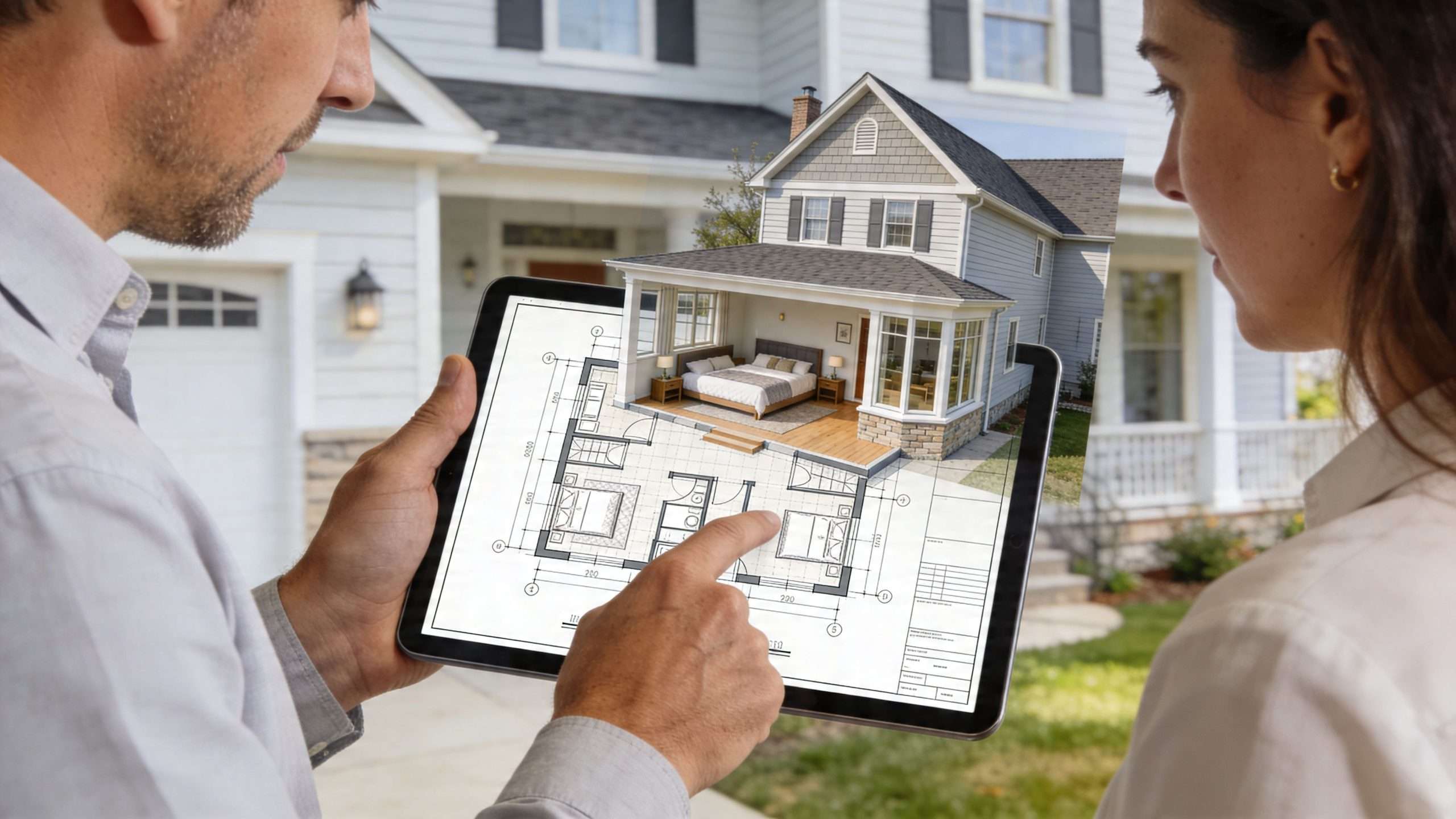 A couple looking at a tablet displaying a 3D floor plan for a house bump out addition.