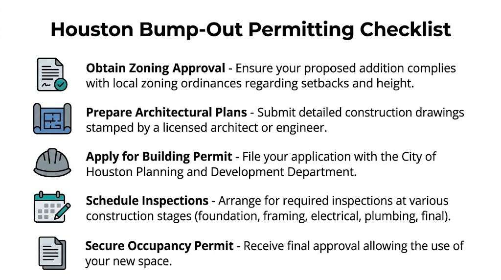 A checklist for obtaining a bump-out addition permit in Houston, detailing the five essential project steps.