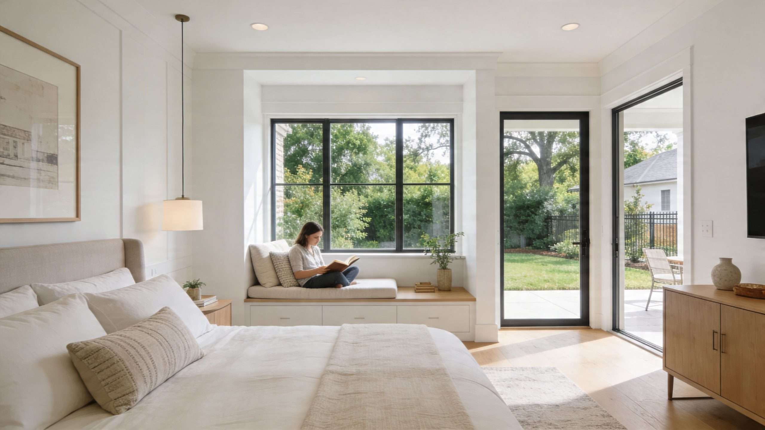 A woman sits reading on a built-in window bench inside a bright and modern primary bedroom.