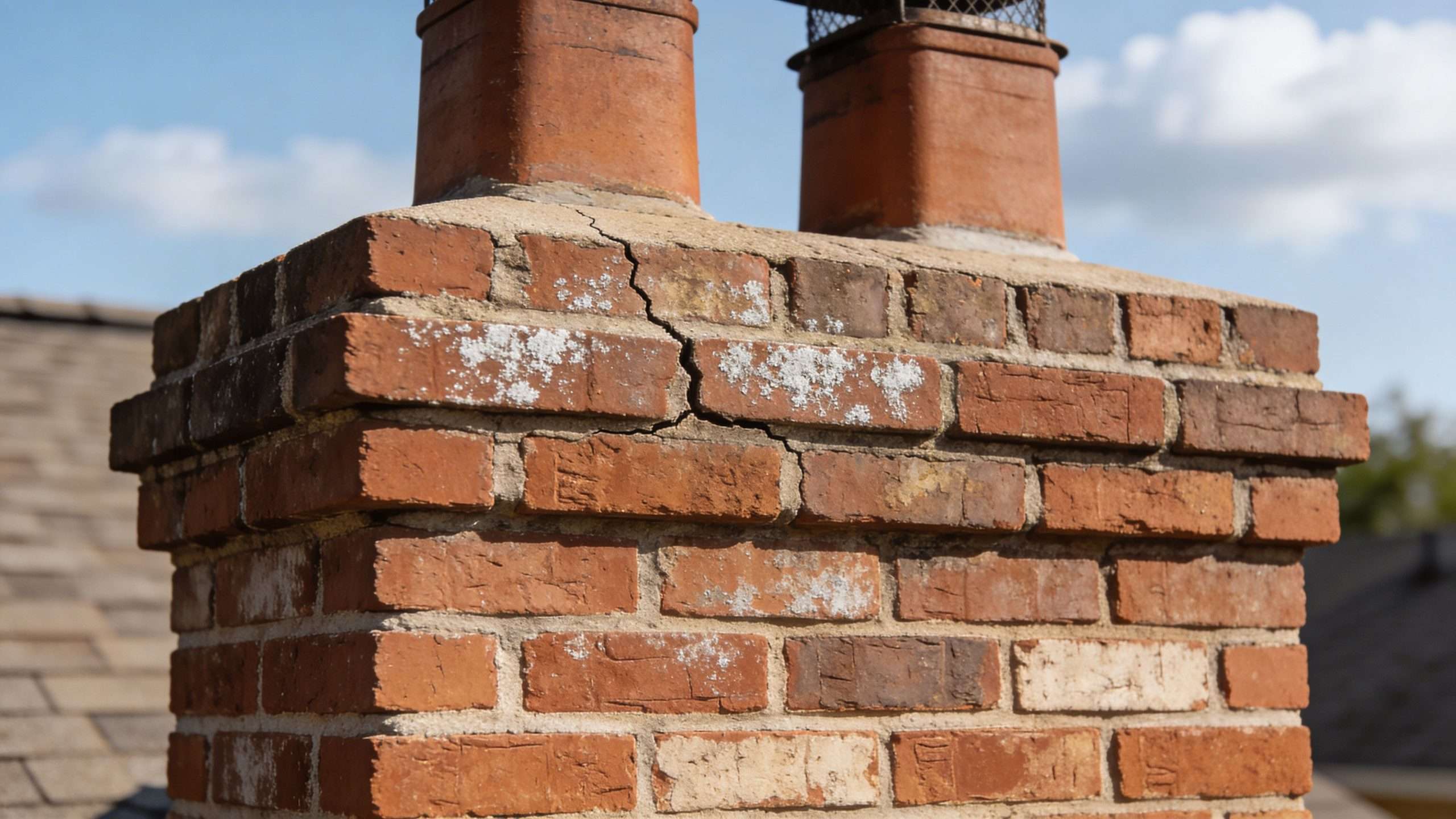 A close up view of an old red brick chimney stack showing visible structural cracks and mortar erosion.