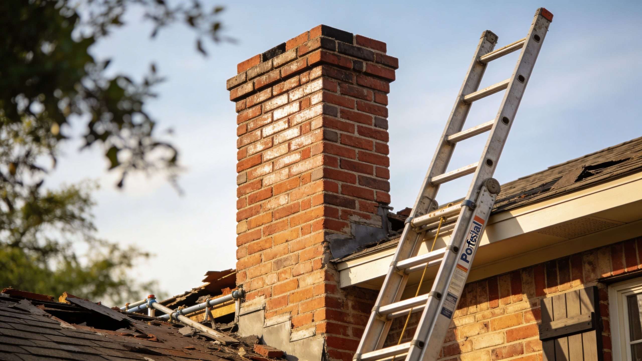 A metal ladder leaning against a residential home roof near a brick chimney during exterior renovation work.