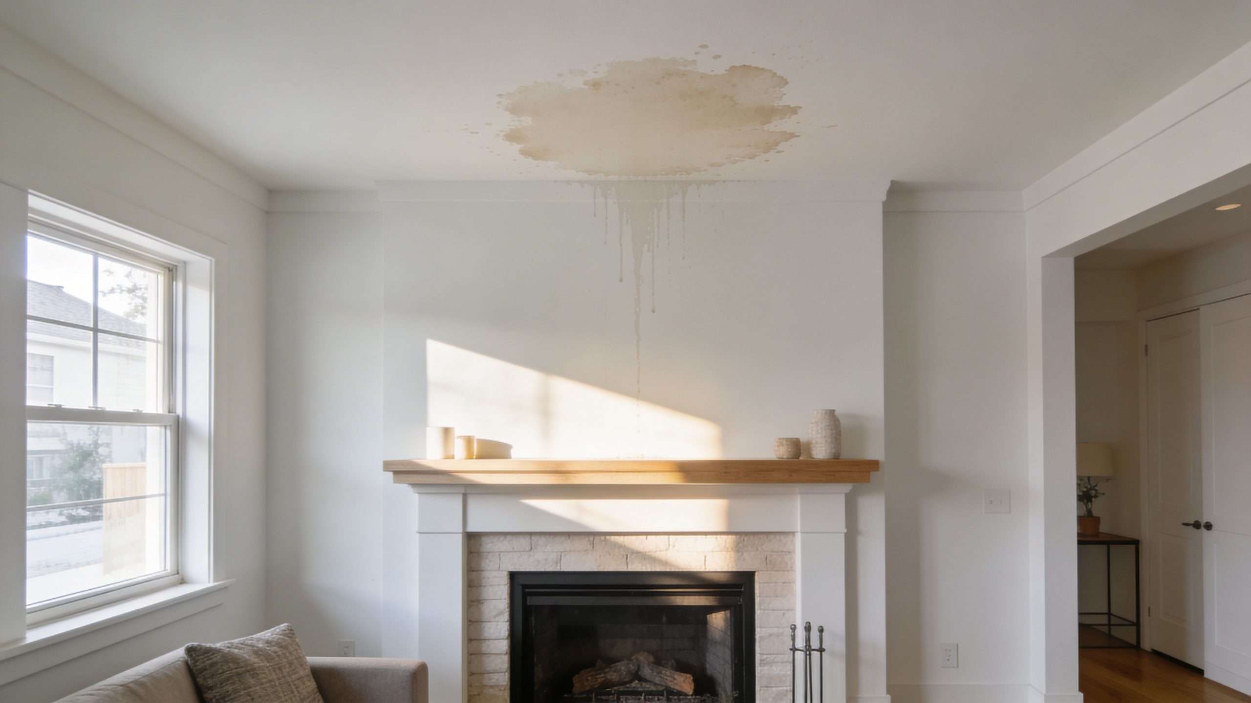 A living room wall with a fireplace showing significant water damage and stains on the ceiling above.