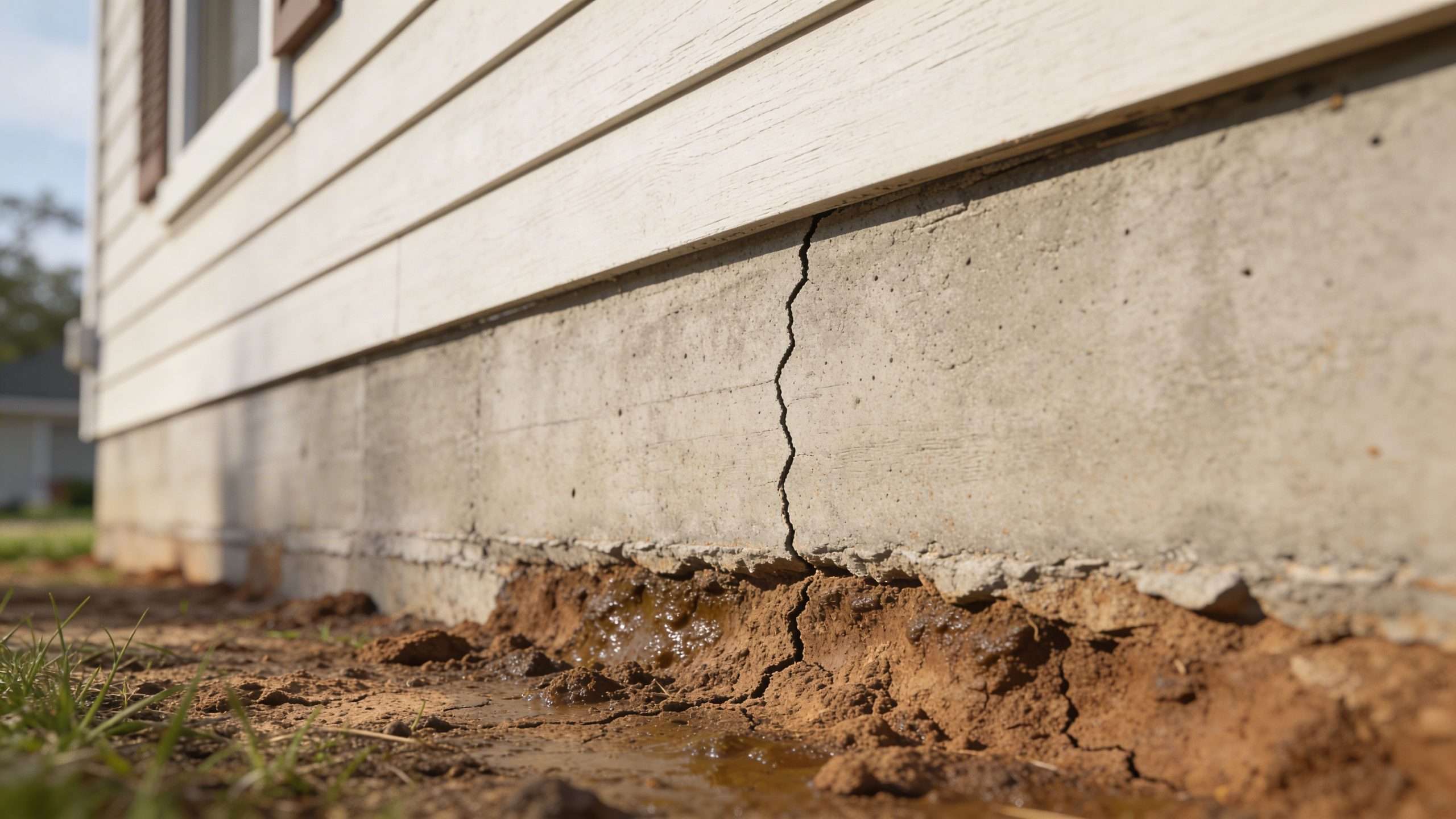 A close-up view of a cracked concrete house foundation with saturated, muddy soil along the base.