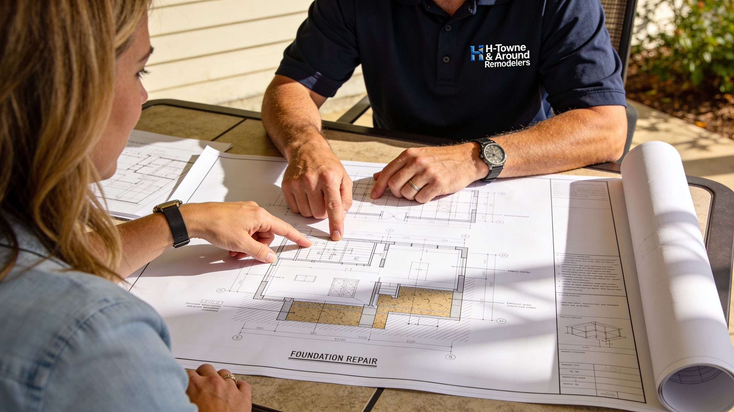 A contractor and a homeowner reviewing a foundation repair blueprint together at an outdoor table.