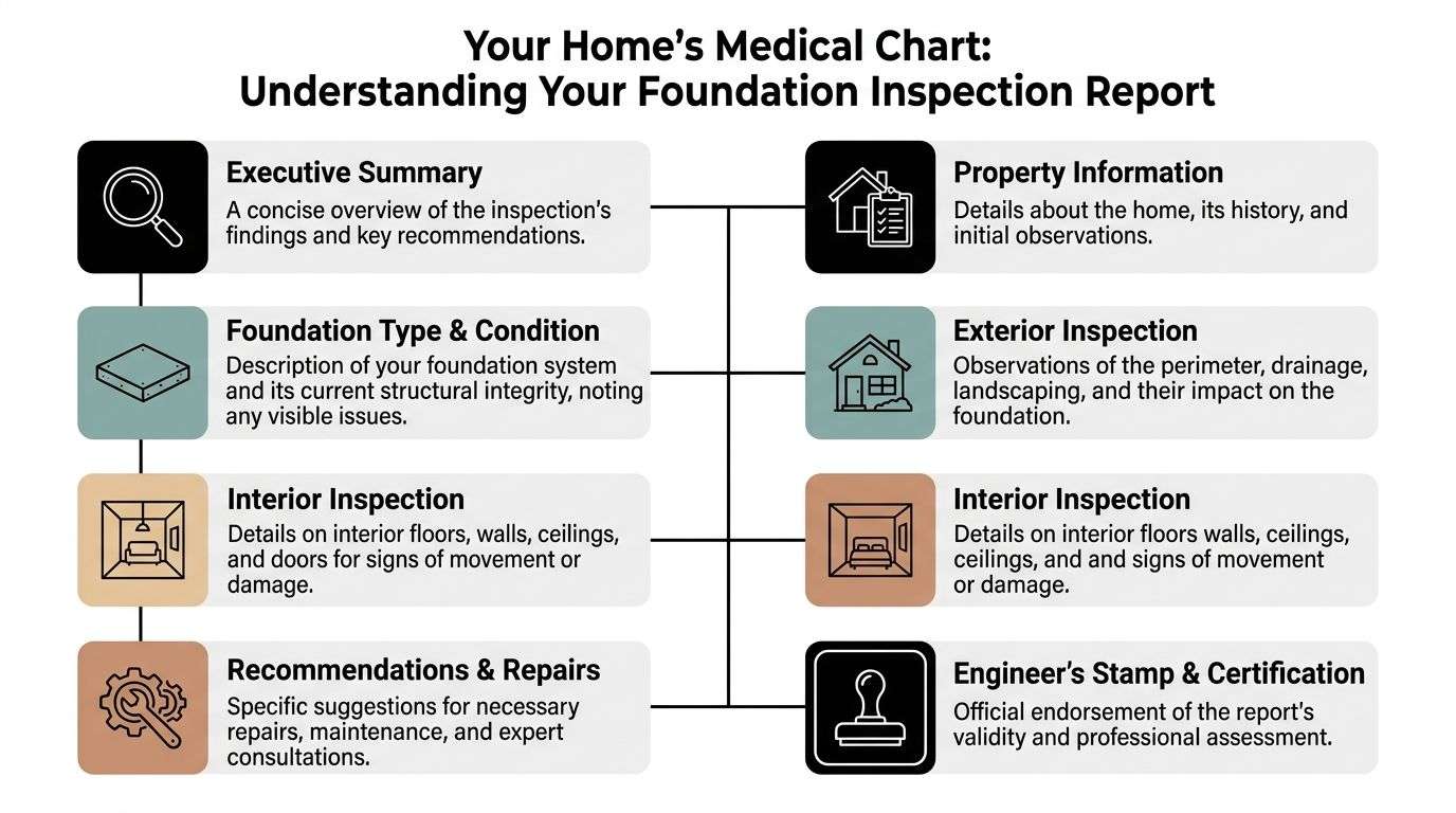 A diagram outlining the key sections included in a comprehensive professional home foundation inspection report.