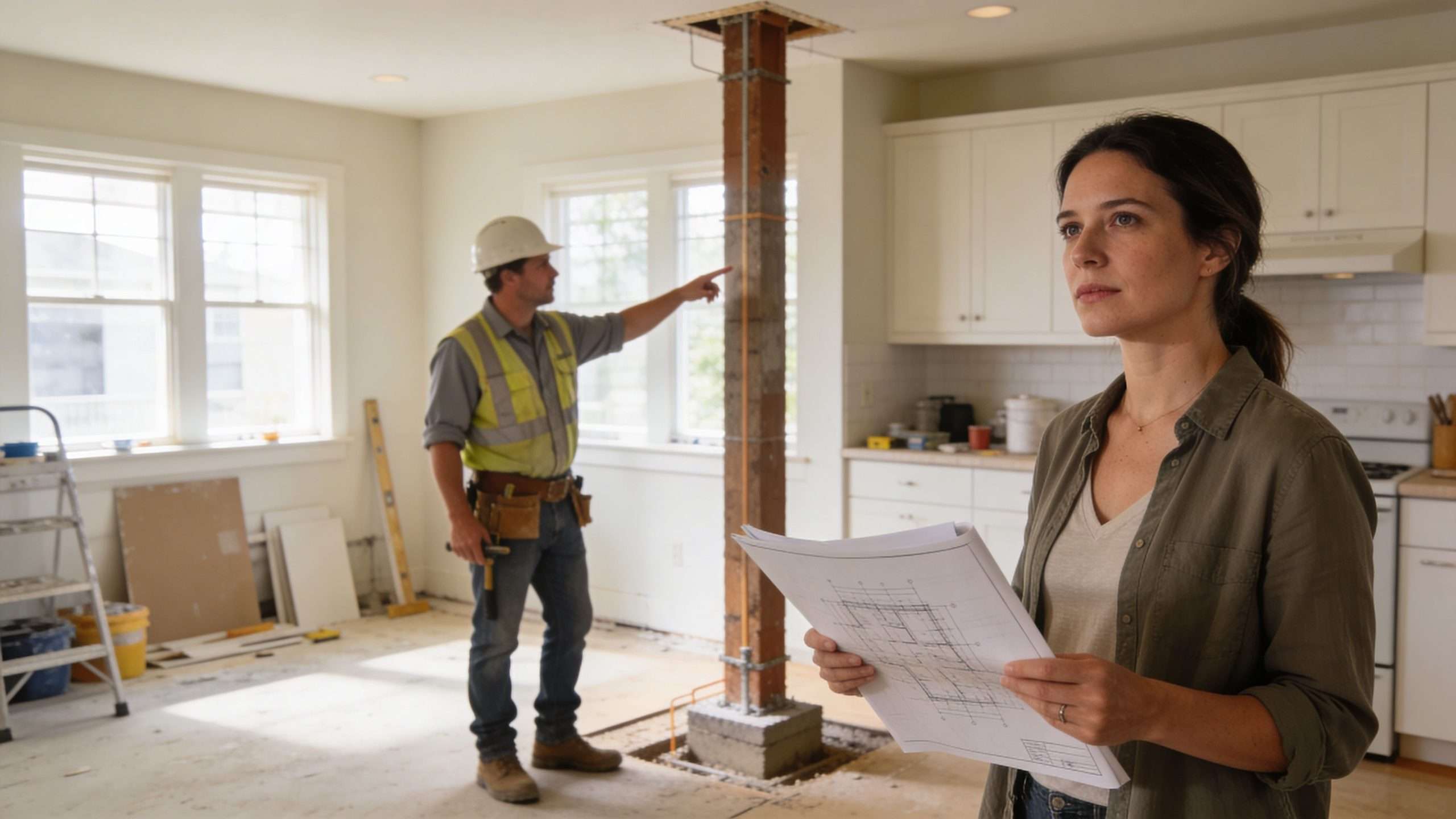 A woman holding blueprints stands in a home renovation site while a contractor checks a structural pillar.