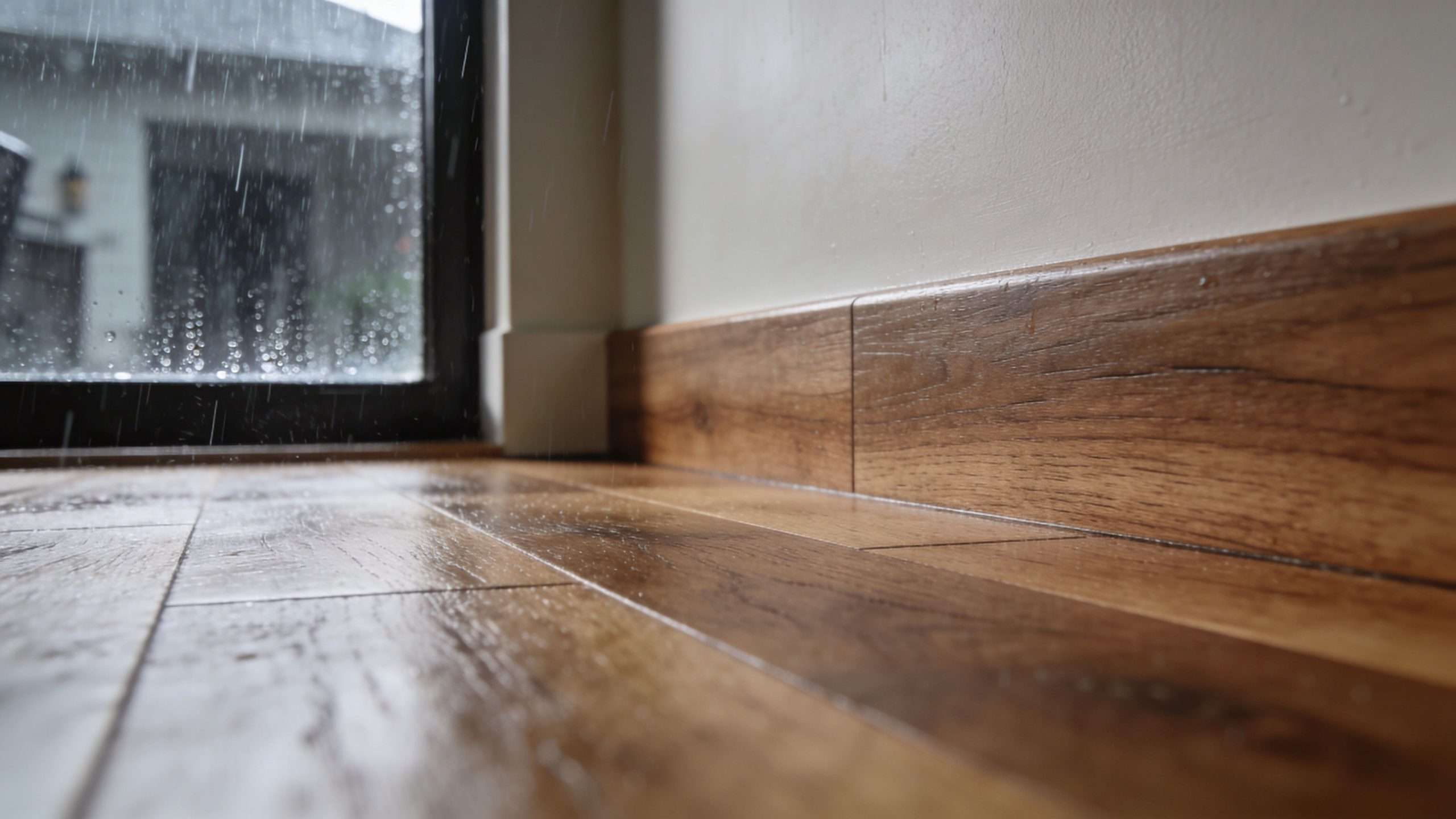 hardwood floor houston wet flooring scaled Hardwood floor houston: Houston Hardwood Floors: Costs, Type Most hardwood floor houston decisions come down to one question first. Solid or engineered? A close-up view of a wet hardwood floor next to a white wall and a rainy window.