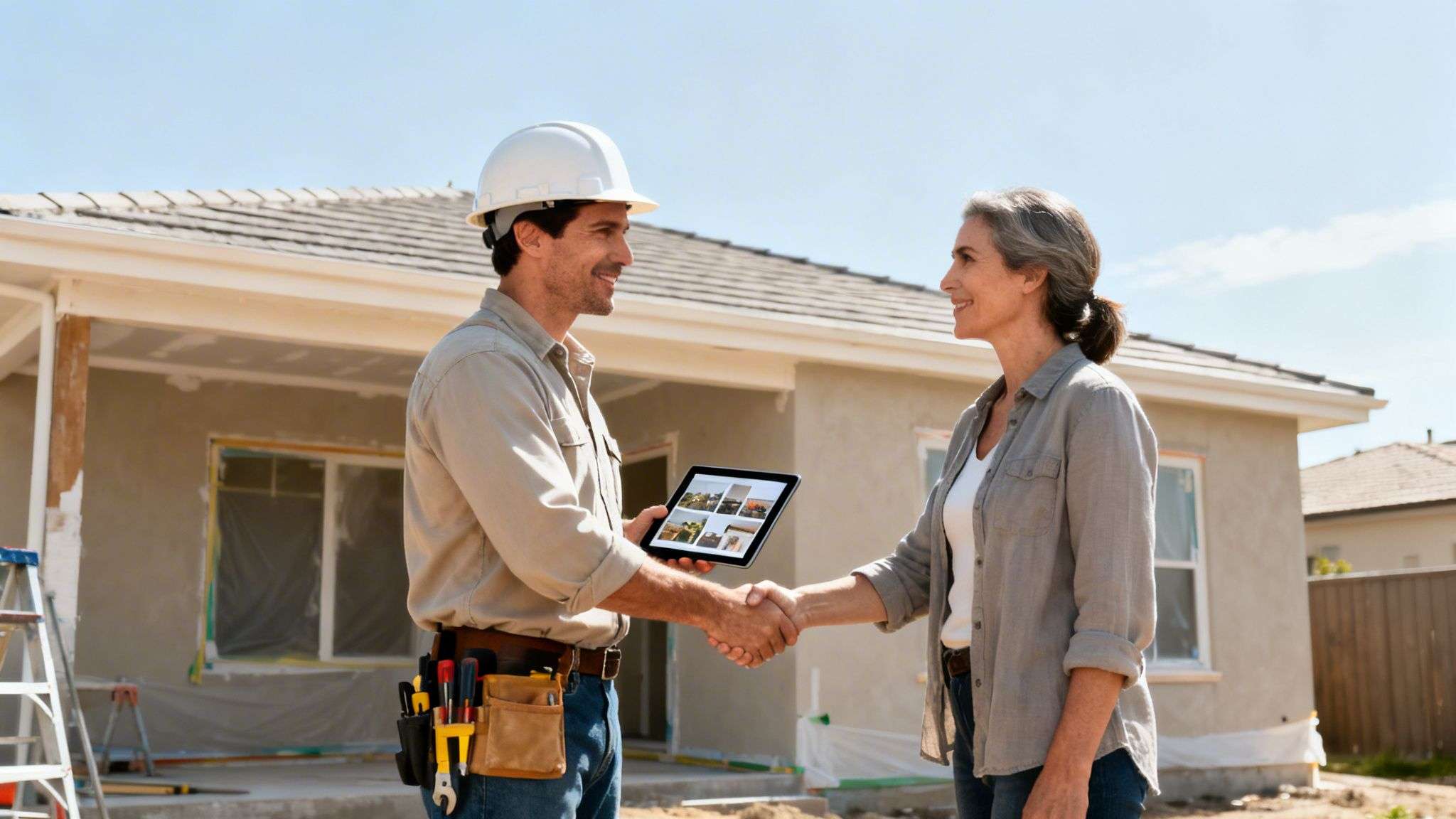 A smiling construction worker in a hard hat shakes hands with a homeowner in front of a house under construction, holding a tablet.
