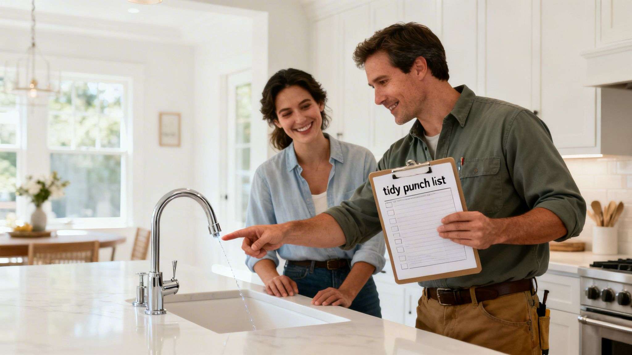 A contractor showing a homeowner a new kitchen faucet and discussing a tidy punch list.