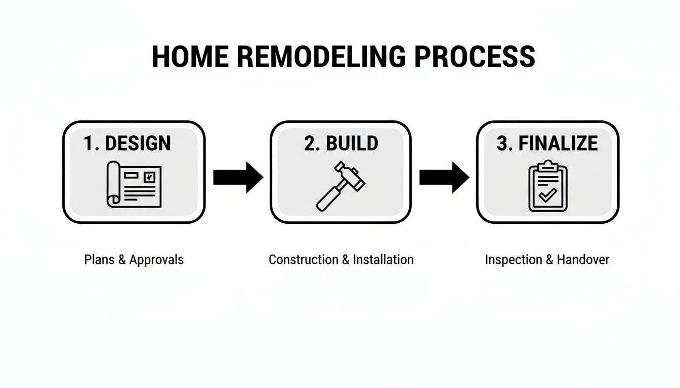 A diagram outlining the home remodeling process with three steps: design, build, and finalize.